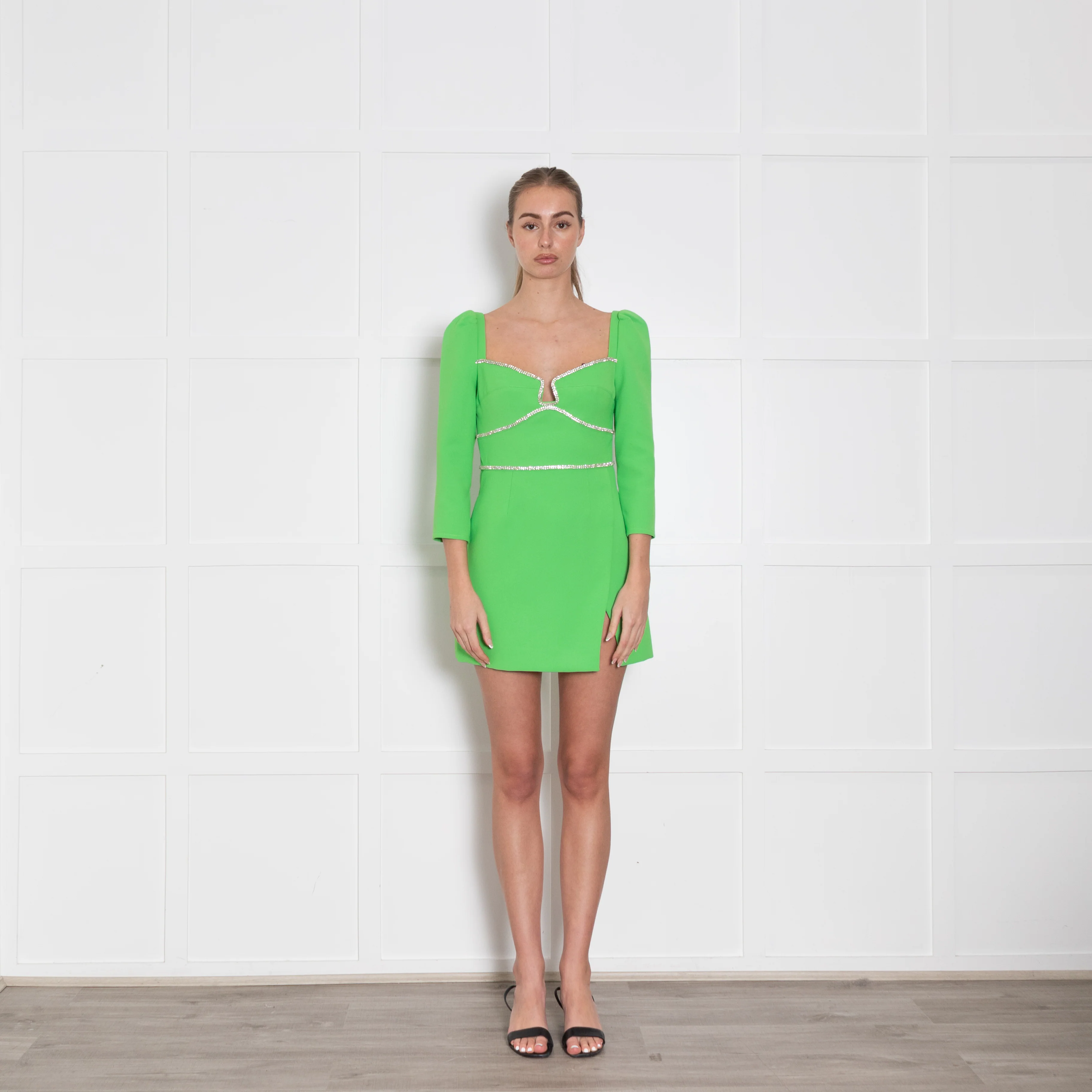 Self Portrait Neon Green White Diamanté Detail Mini Dress