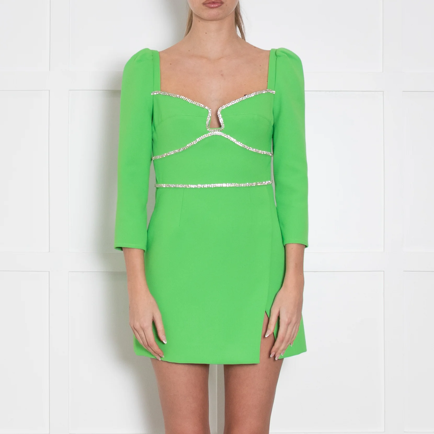 Self Portrait Neon Green White Diamanté Detail Mini Dress - Image 2