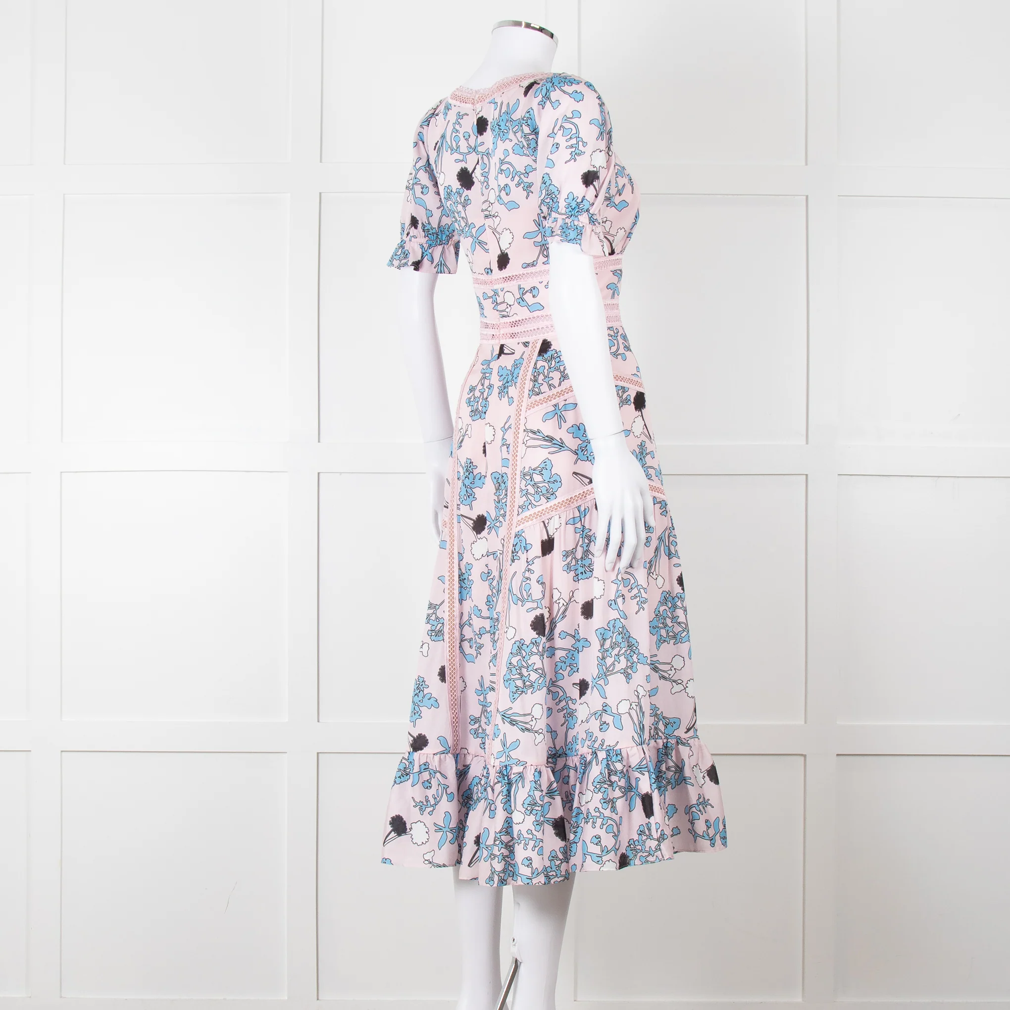 Self-Portrait Pale Pink Blue Floral Lace Trim Short Sleeve Dress - Image 4