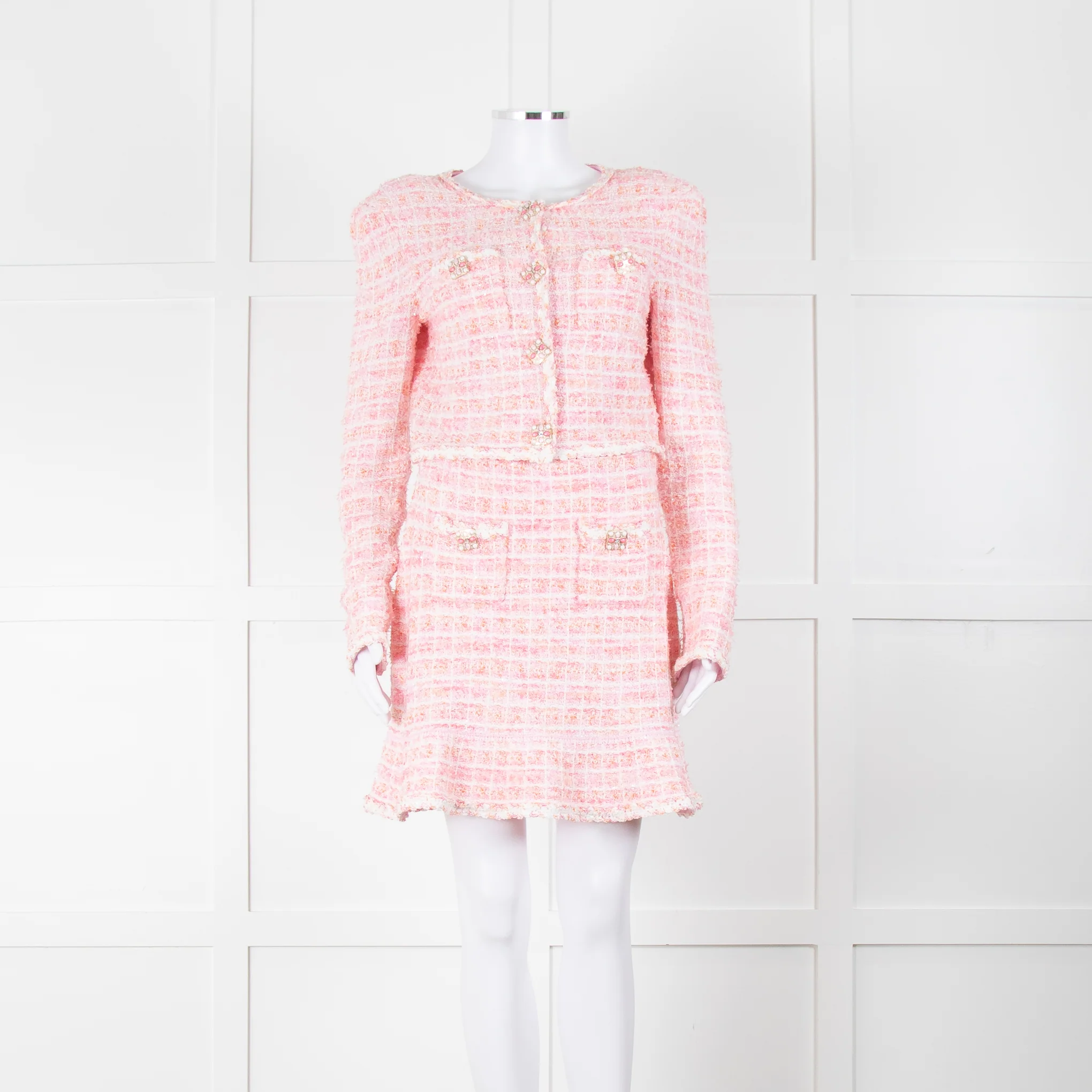 Self-Portrait Pink Woven Stretch Tweed Jacket And Skirt Suit