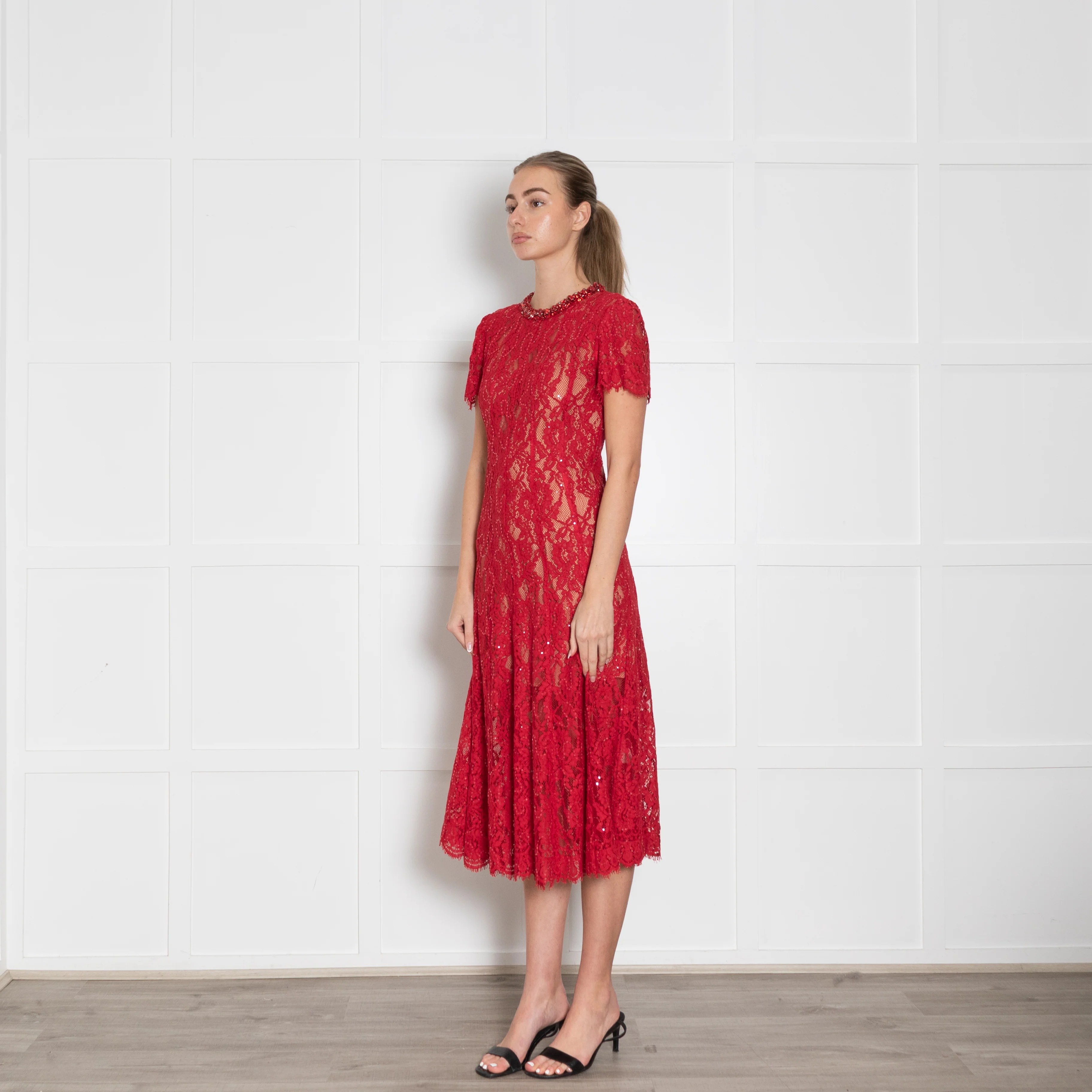 Self Portrait Red Embellished Neck Micro Sequin Lace Dress - Image 3