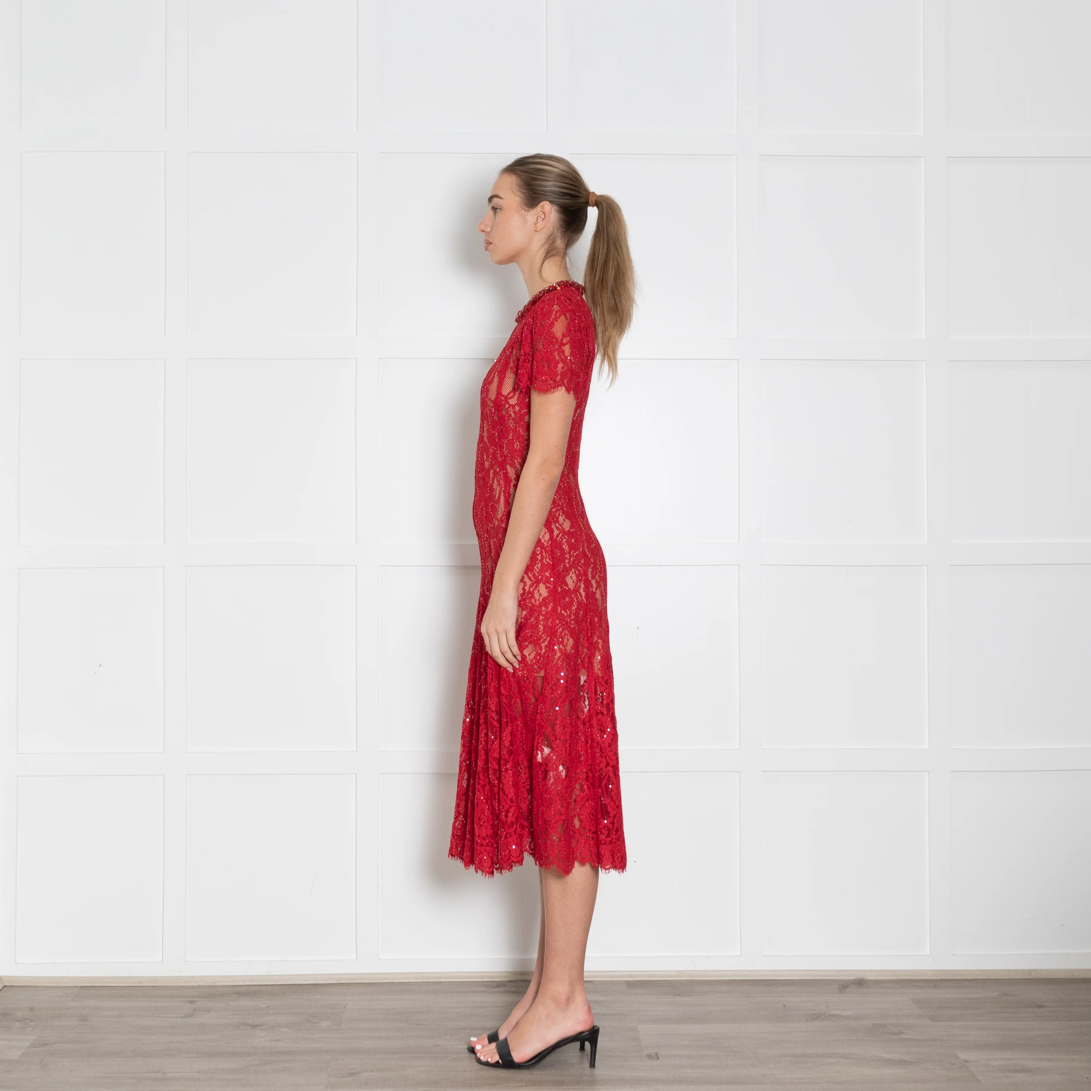 Self Portrait Red Embellished Neck Micro Sequin Lace Dress - Image 4
