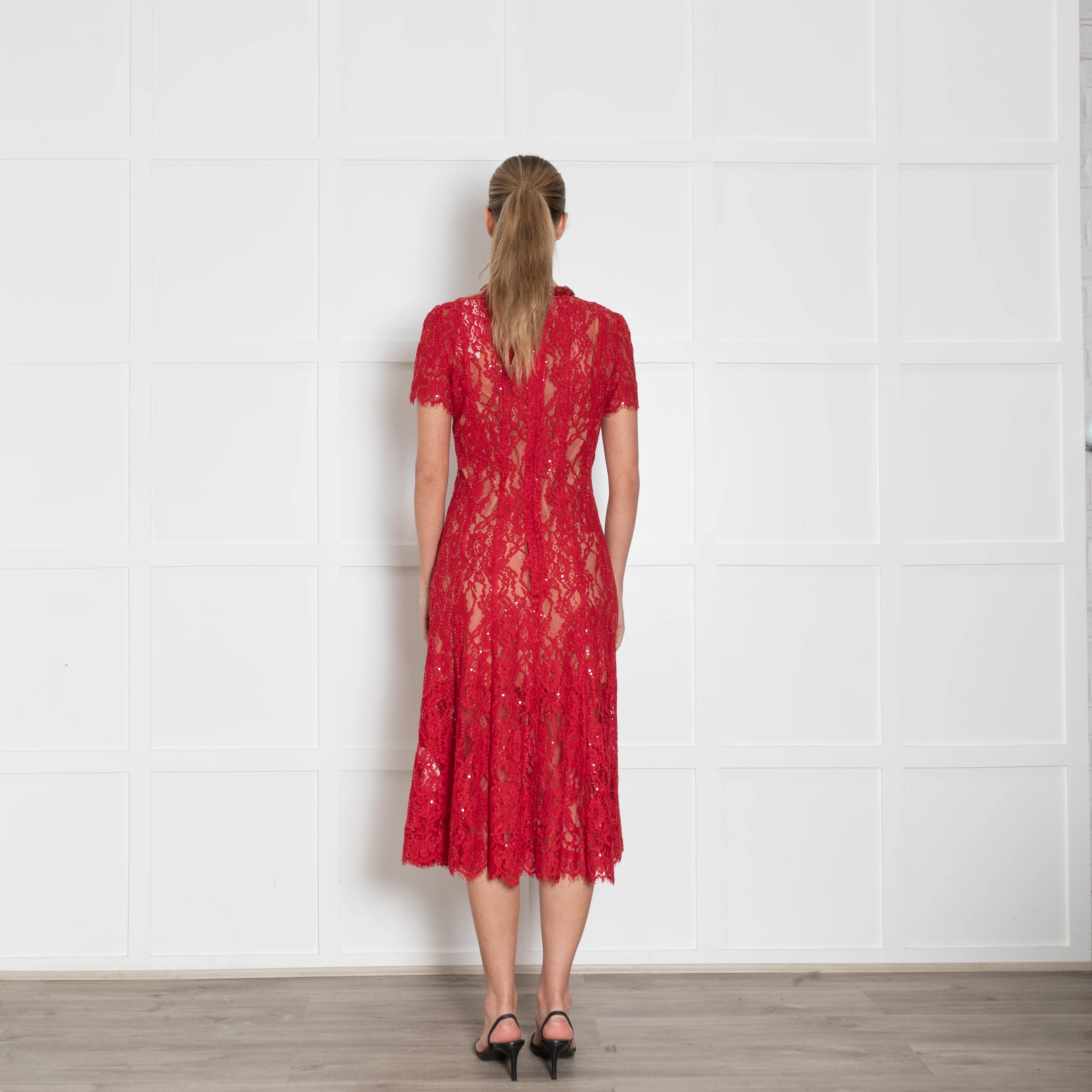 Self Portrait Red Embellished Neck Micro Sequin Lace Dress - Image 5