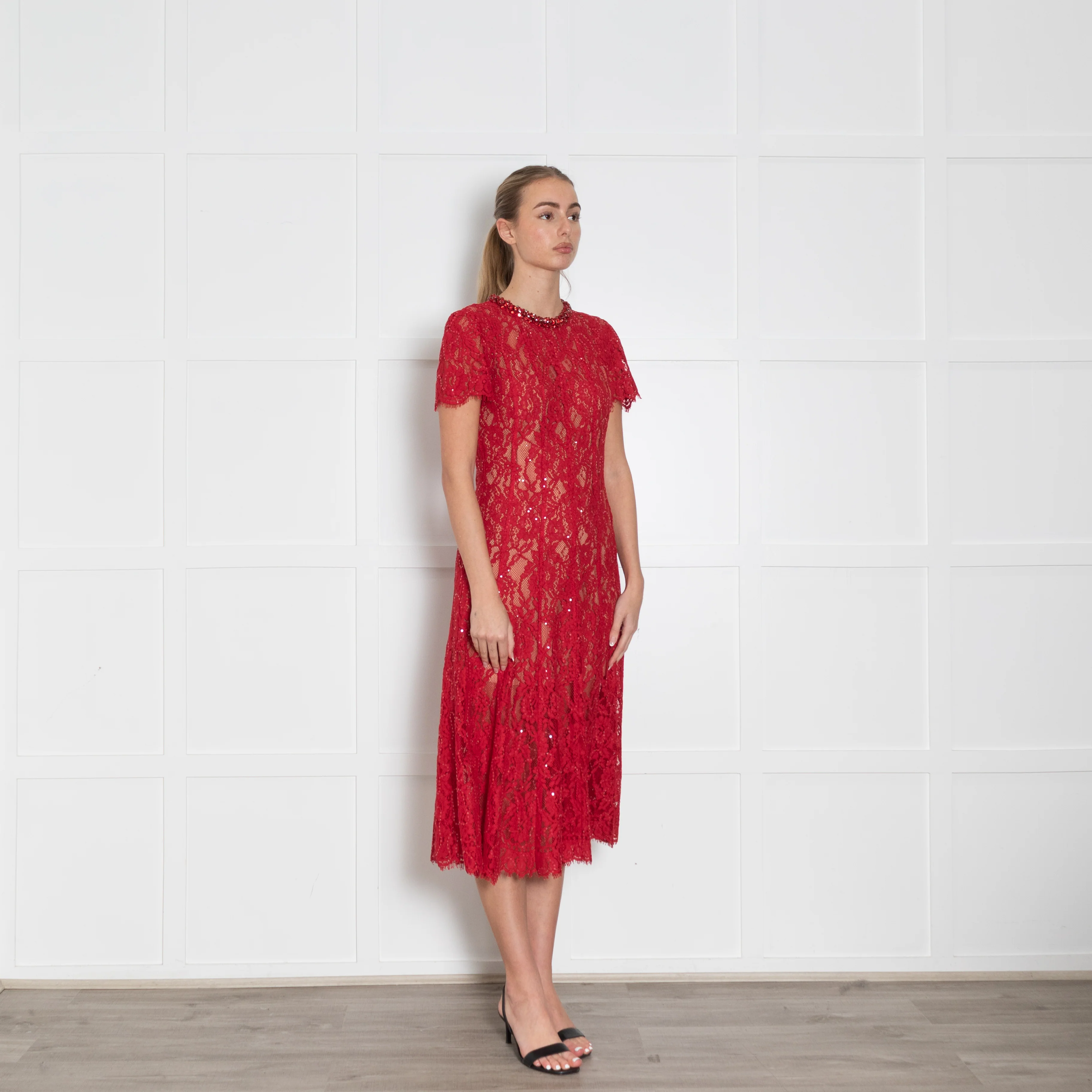 Self Portrait Red Embellished Neck Micro Sequin Lace Dress - Image 7