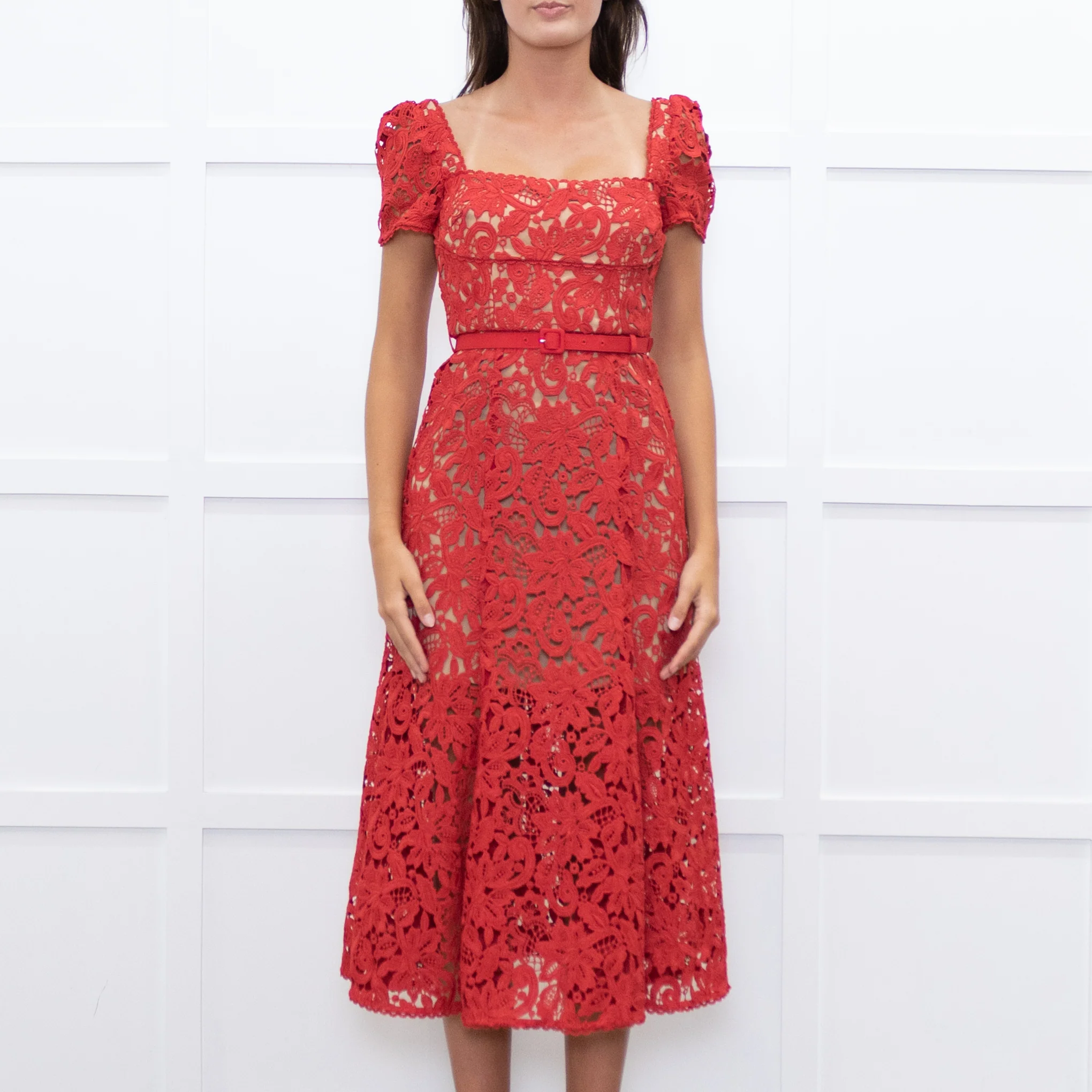 Self-Portrait Red Lace Short Sleeve Belted Midi Dress - Image 2