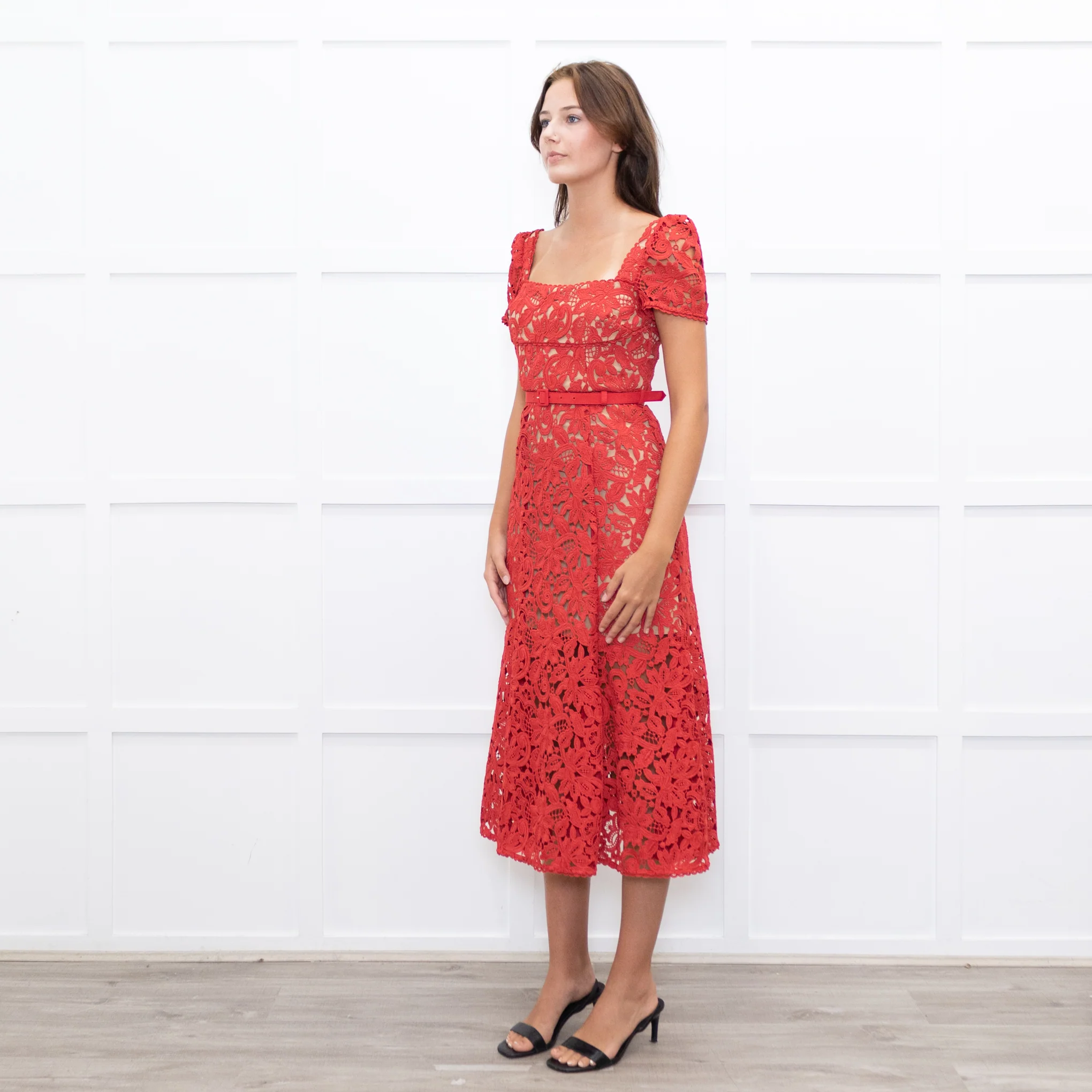 Self-Portrait Red Lace Short Sleeve Belted Midi Dress - Image 3