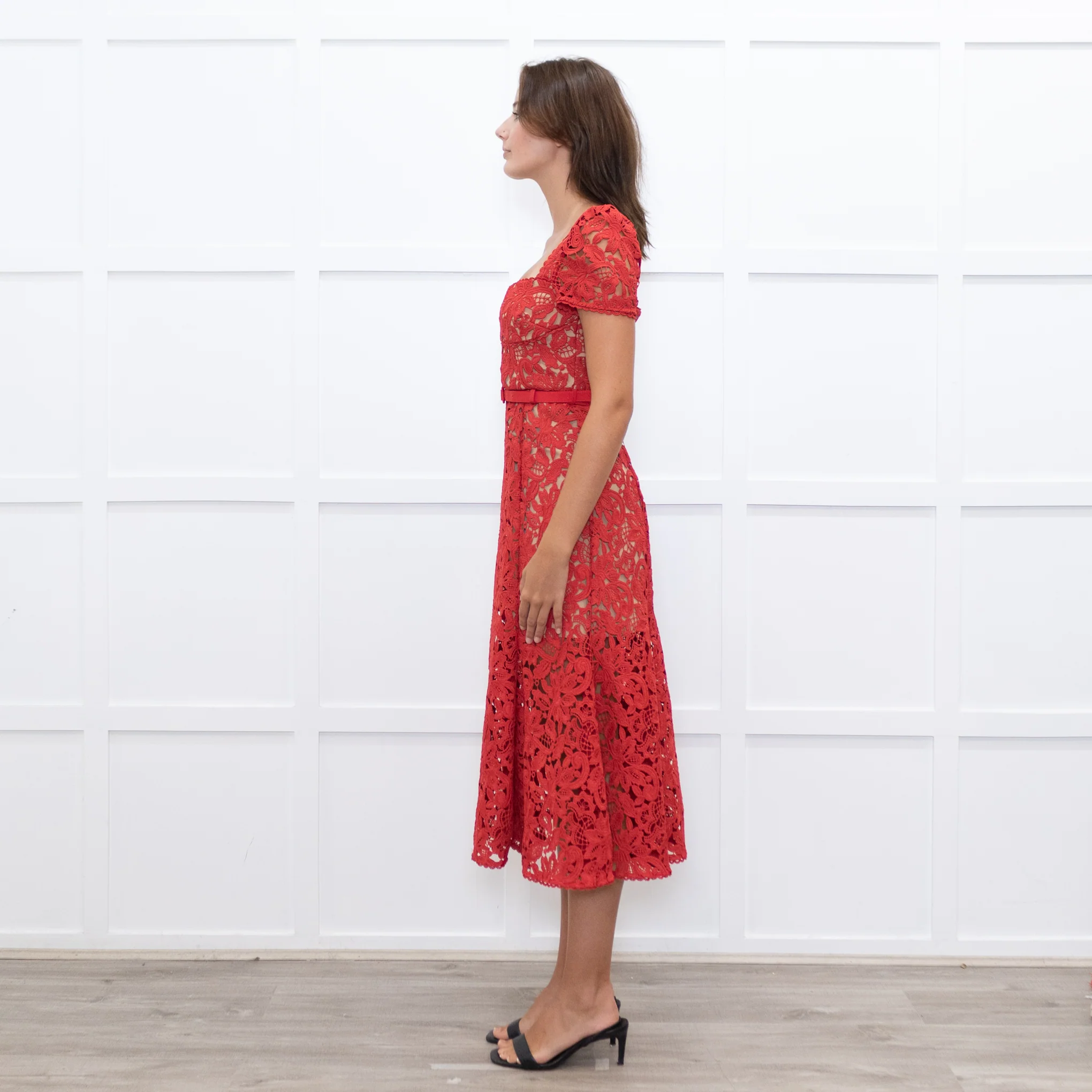Self-Portrait Red Lace Short Sleeve Belted Midi Dress - Image 4