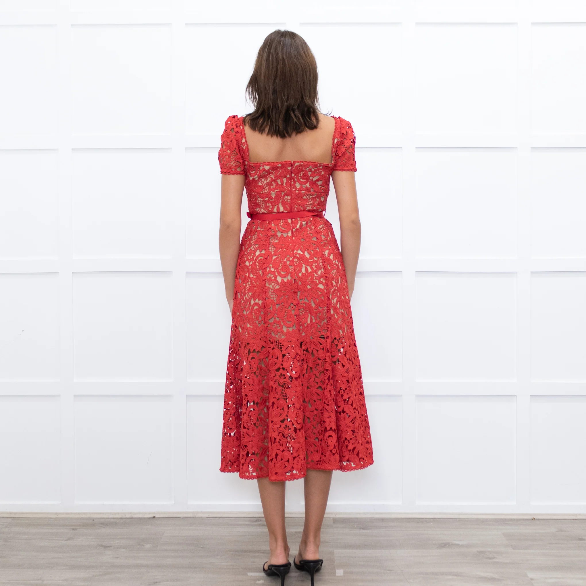 Self-Portrait Red Lace Short Sleeve Belted Midi Dress - Image 5