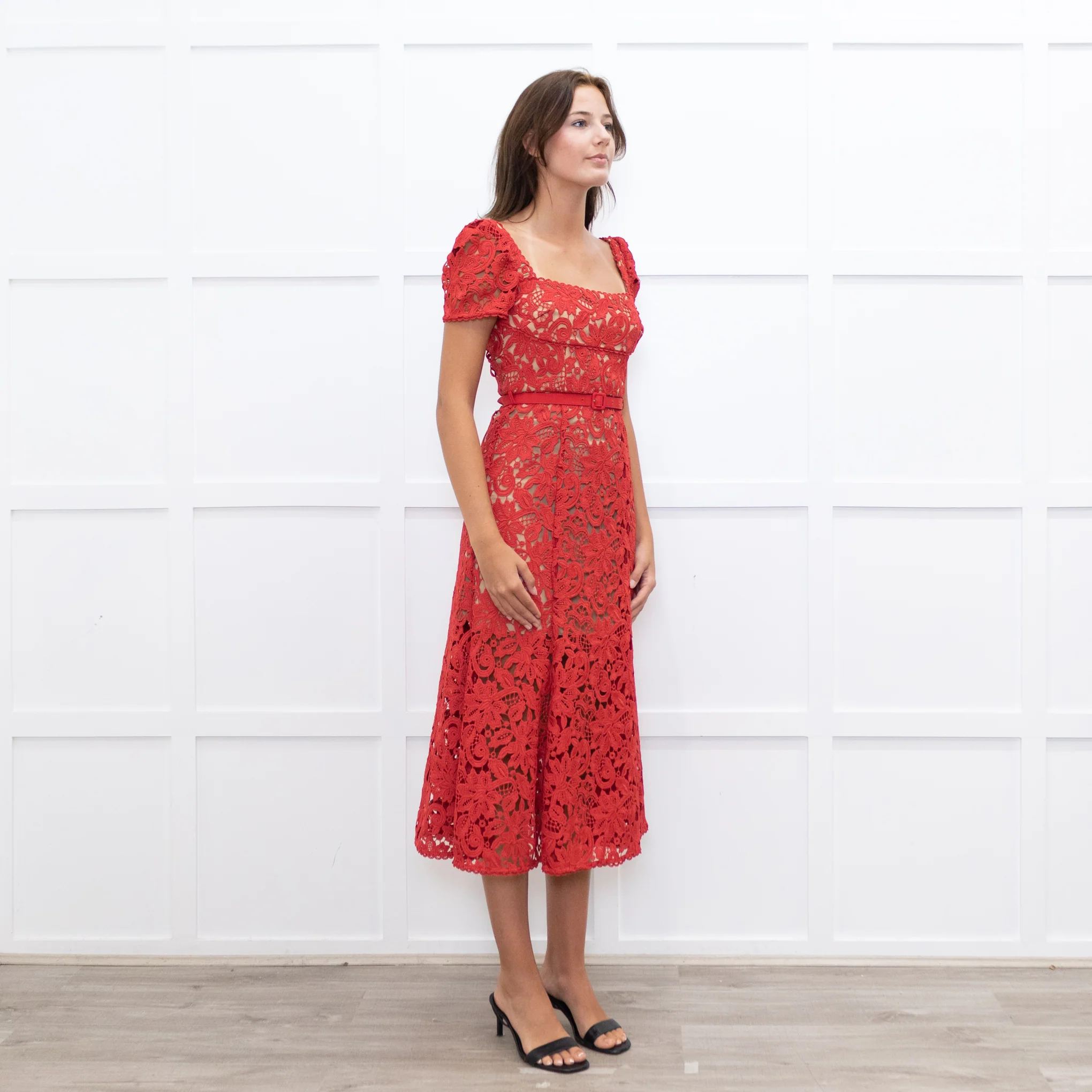 Self-Portrait Red Lace Short Sleeve Belted Midi Dress - Image 7