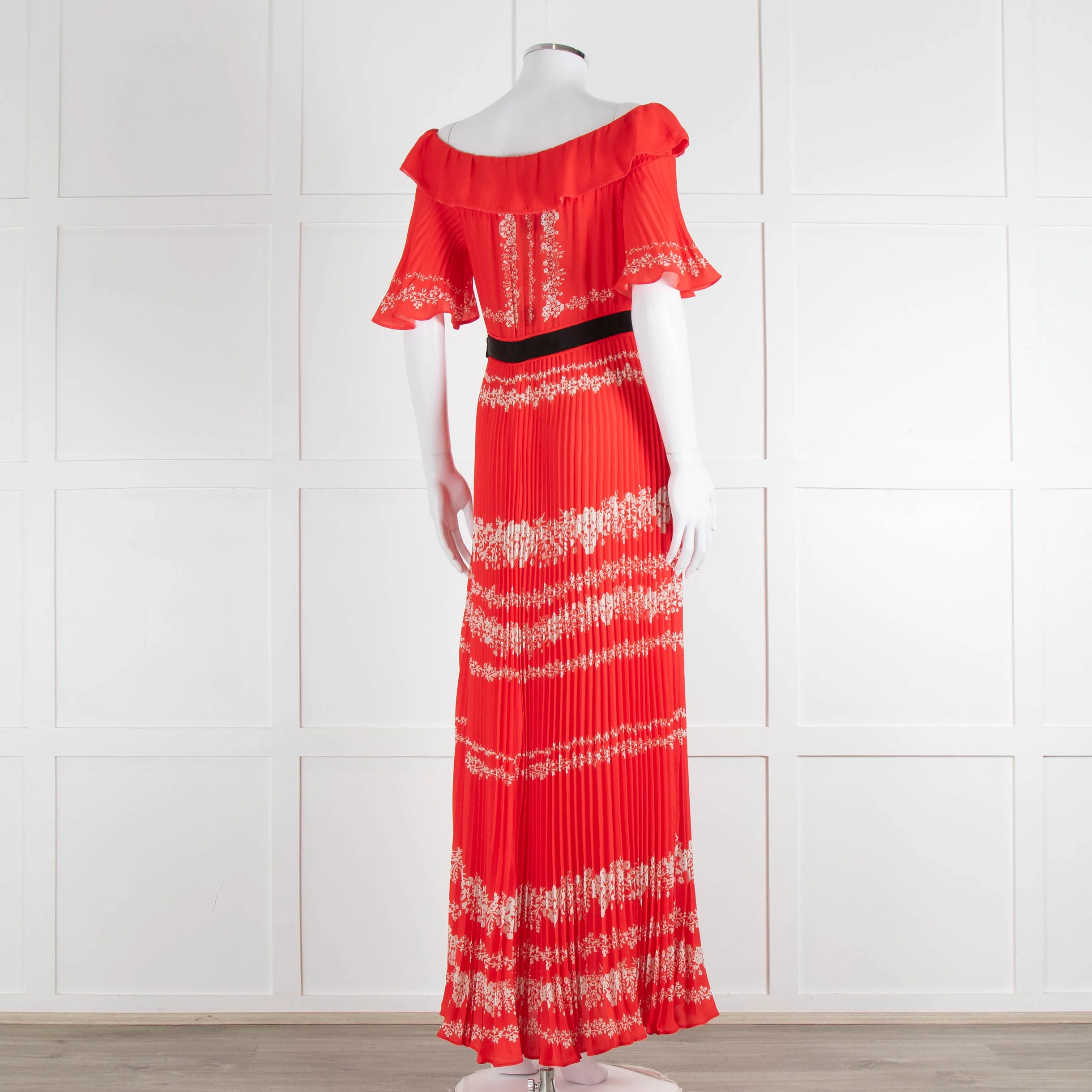 Self-Portrait Red White Floral Plisse Short Sleeve Maxi Dress - Image 4