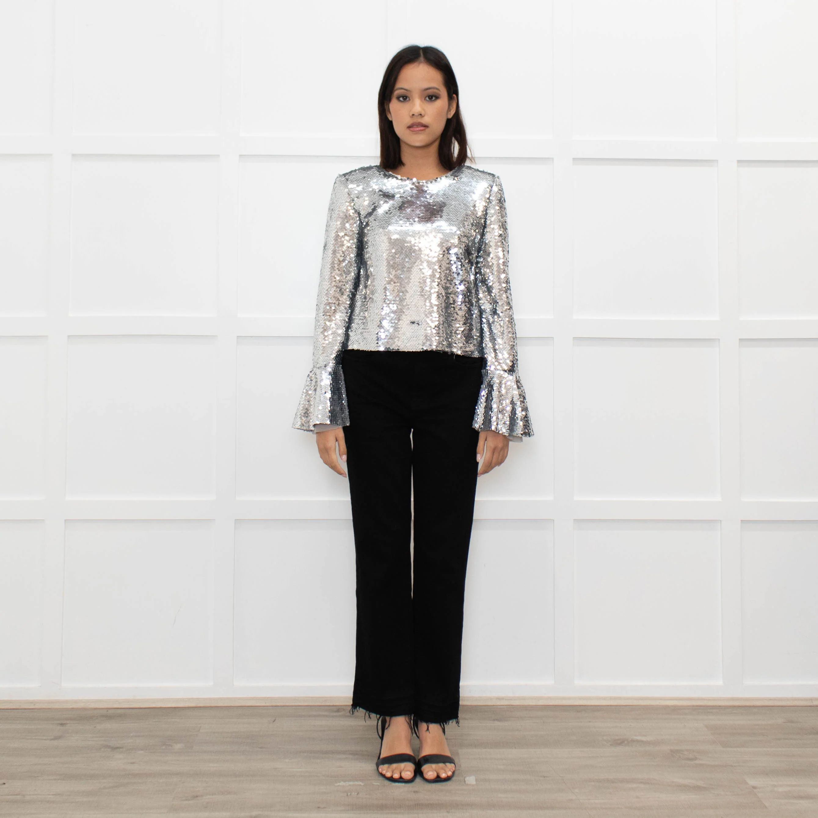 Self Portrait Silver Sequin Long Sleeve Top