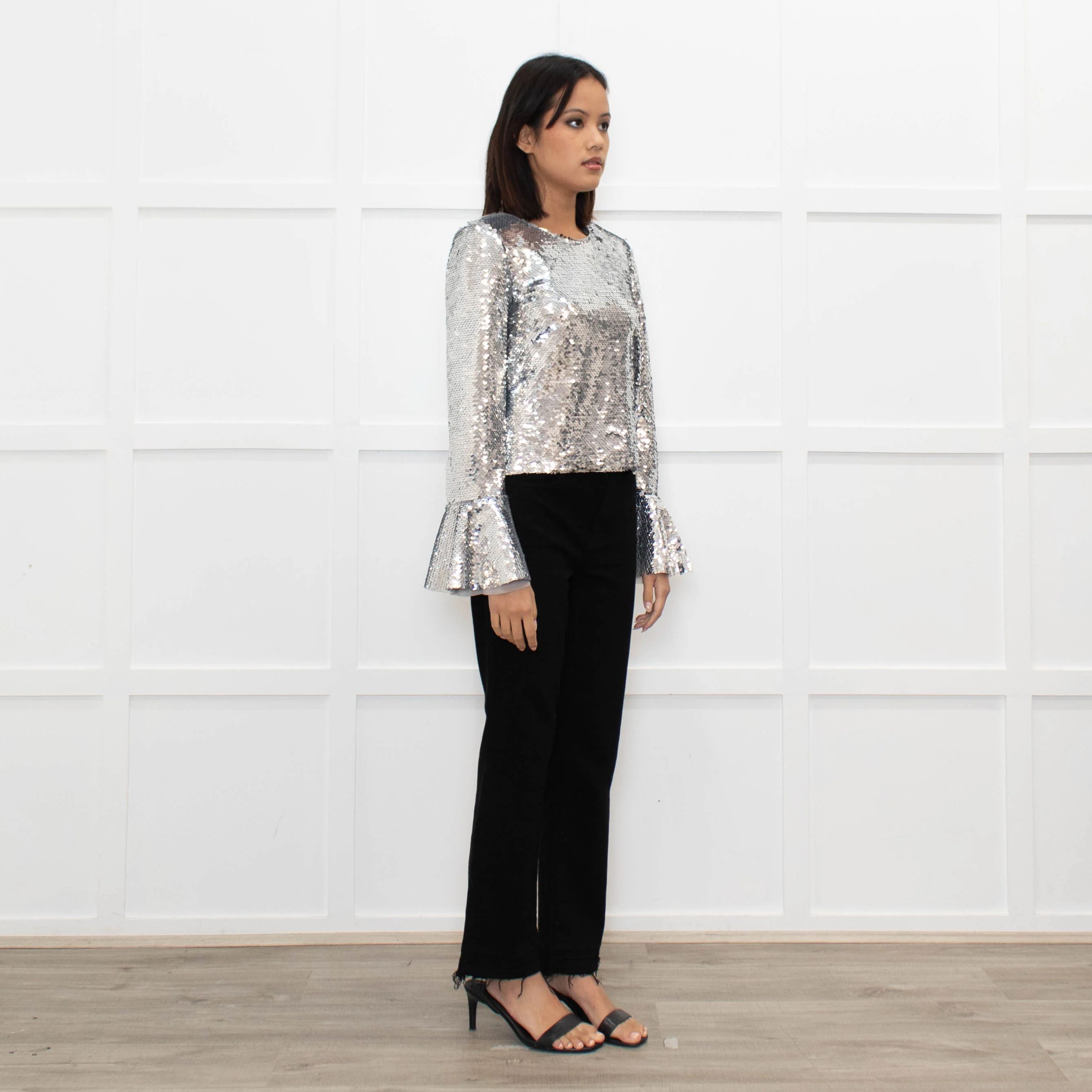 Self Portrait Silver Sequin Long Sleeve Top - Image 3