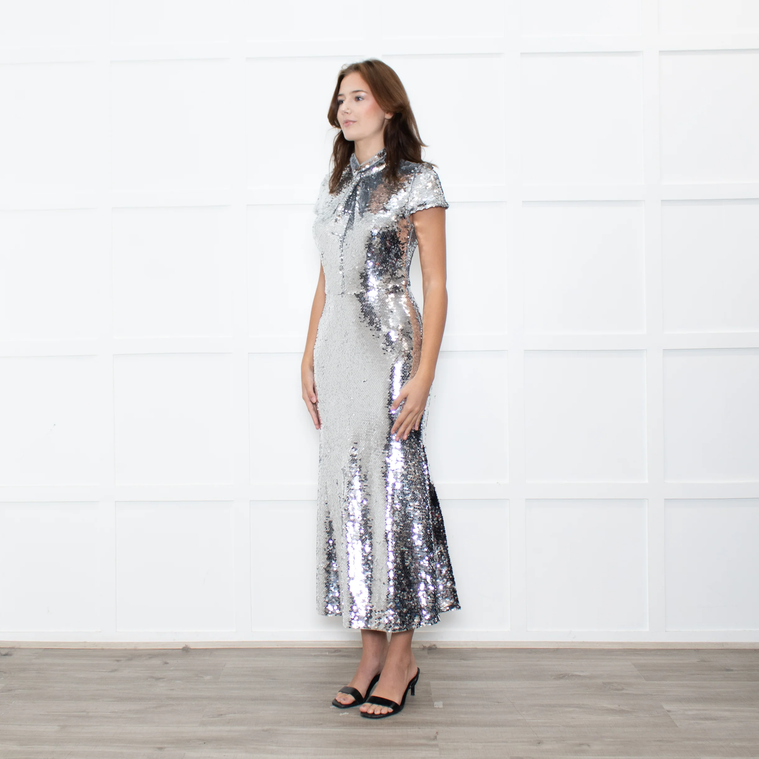 Self-Portrait Silver Sequin Twist Front Gown - Image 3