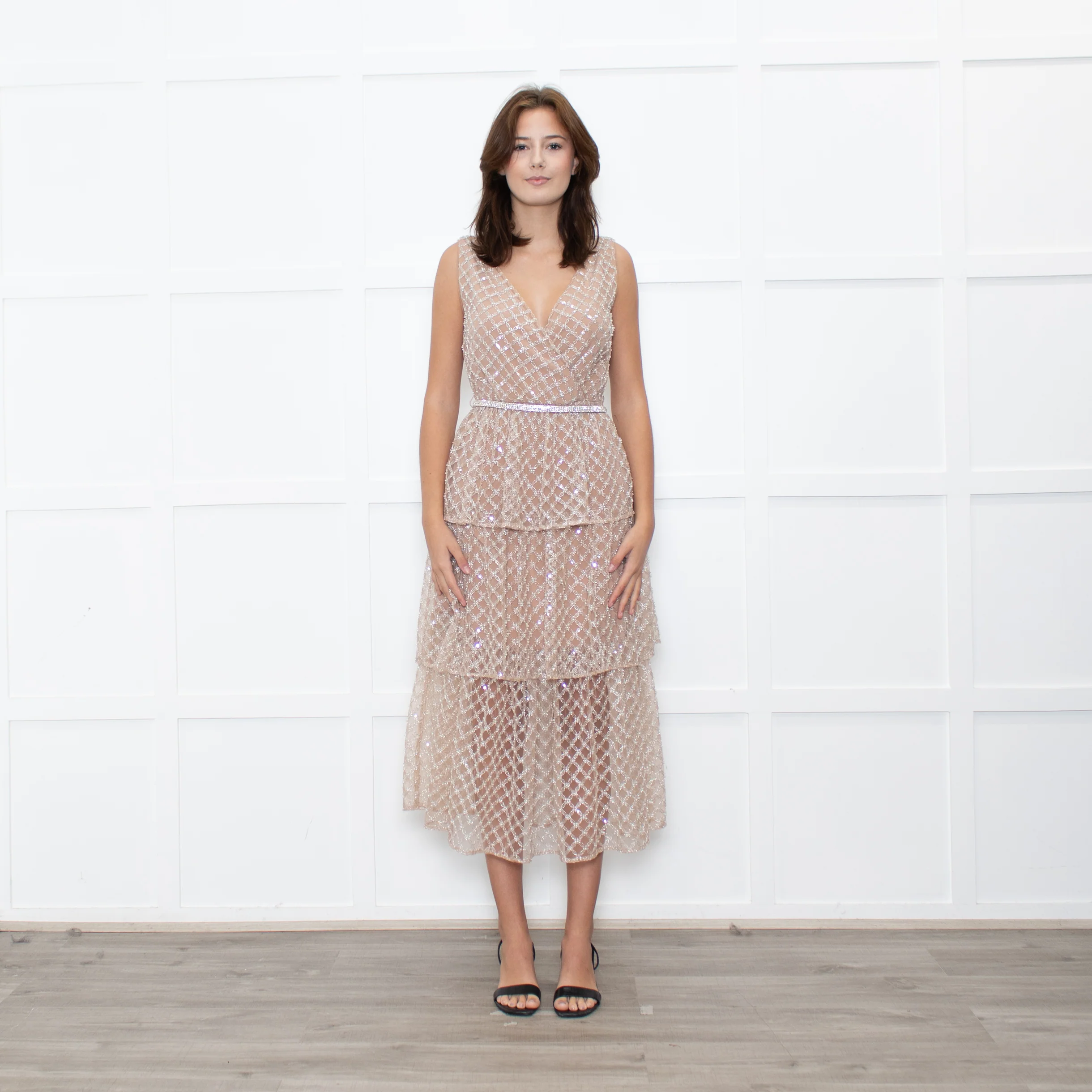 Self-Portrait Tan Grid SequinTiered Midi Dress