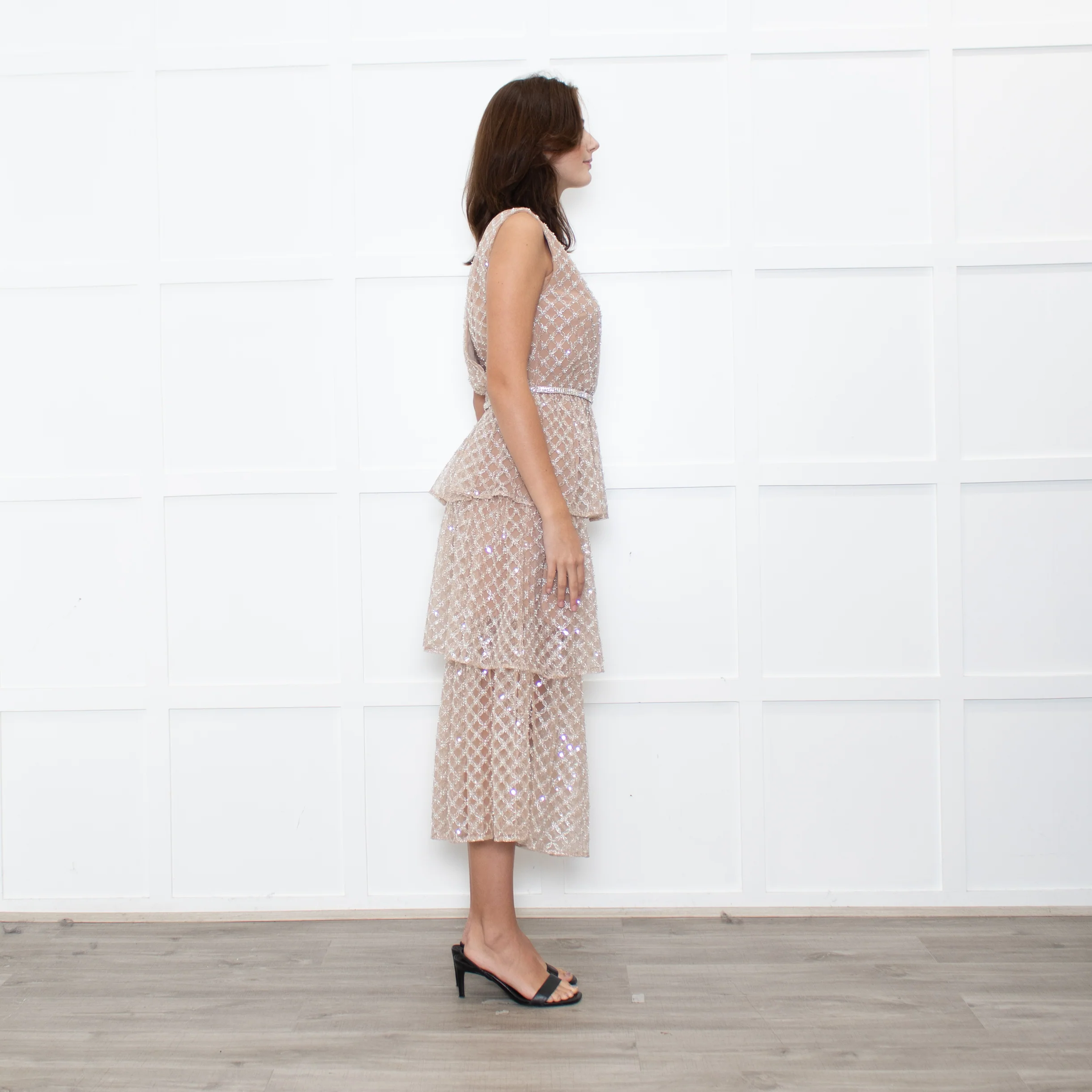 Self-Portrait Tan Grid SequinTiered Midi Dress - Image 6