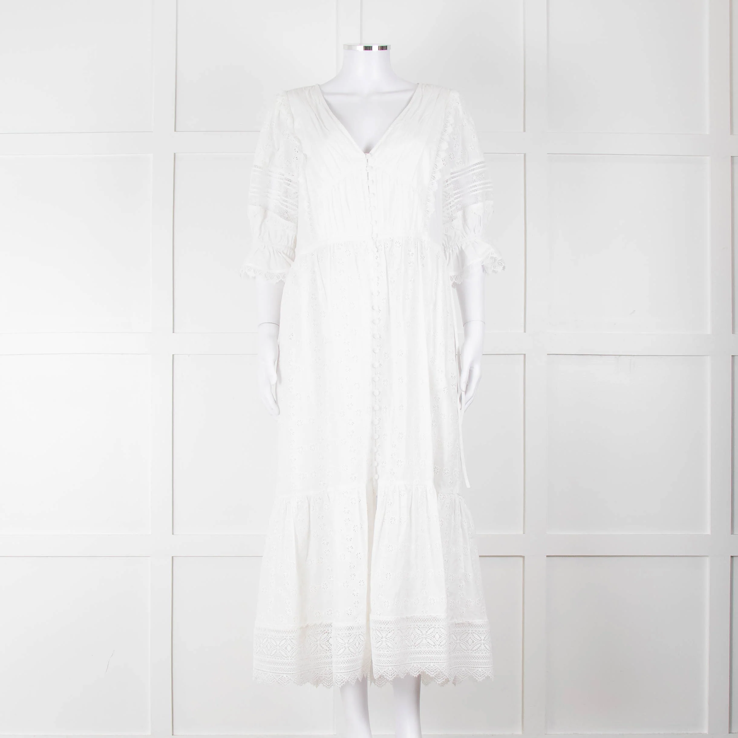 Self-Portrait White Cotton Broderie Anglaise Puff Sleeve Long Dress