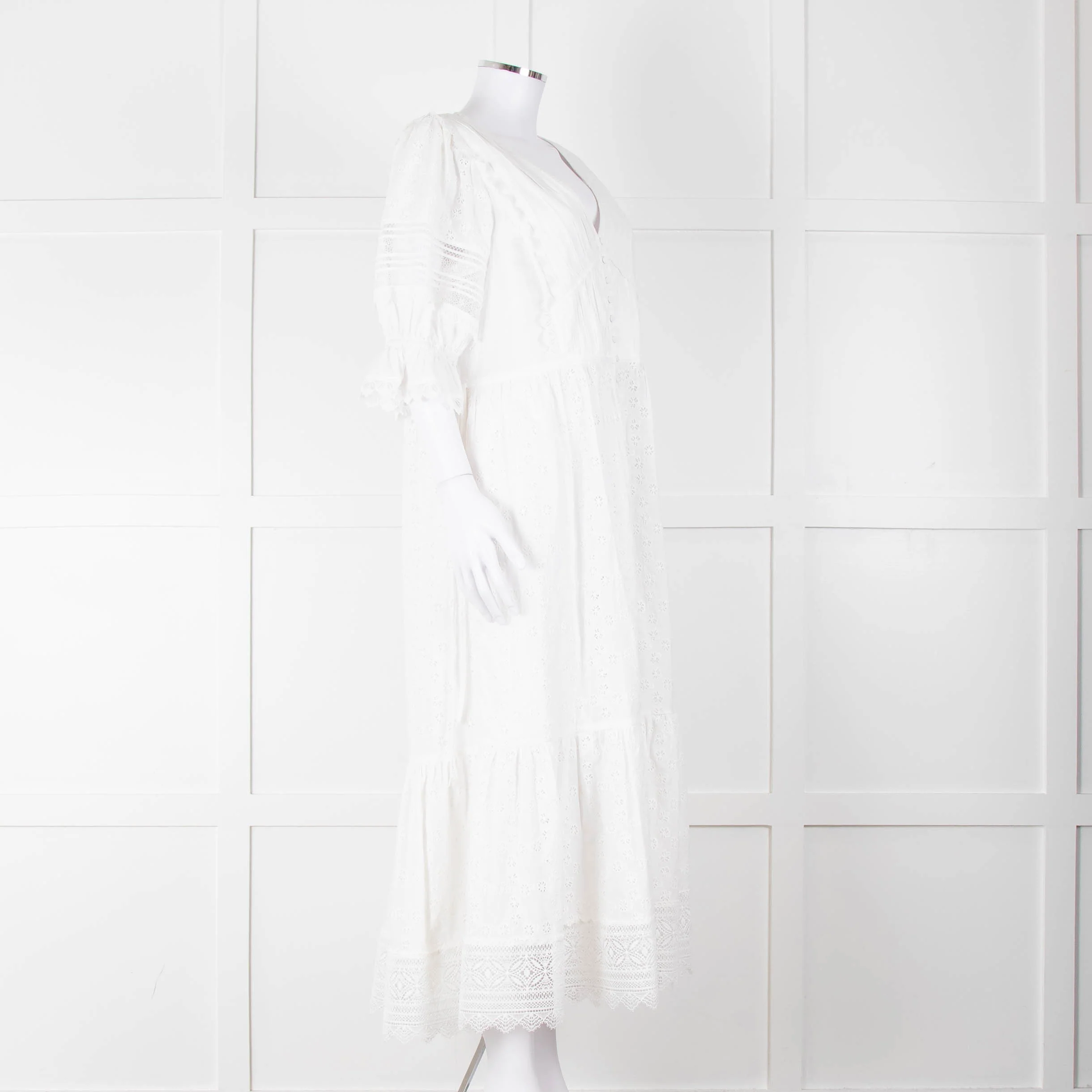 Self-Portrait White Cotton Broderie Anglaise Puff Sleeve Long Dress - Image 2