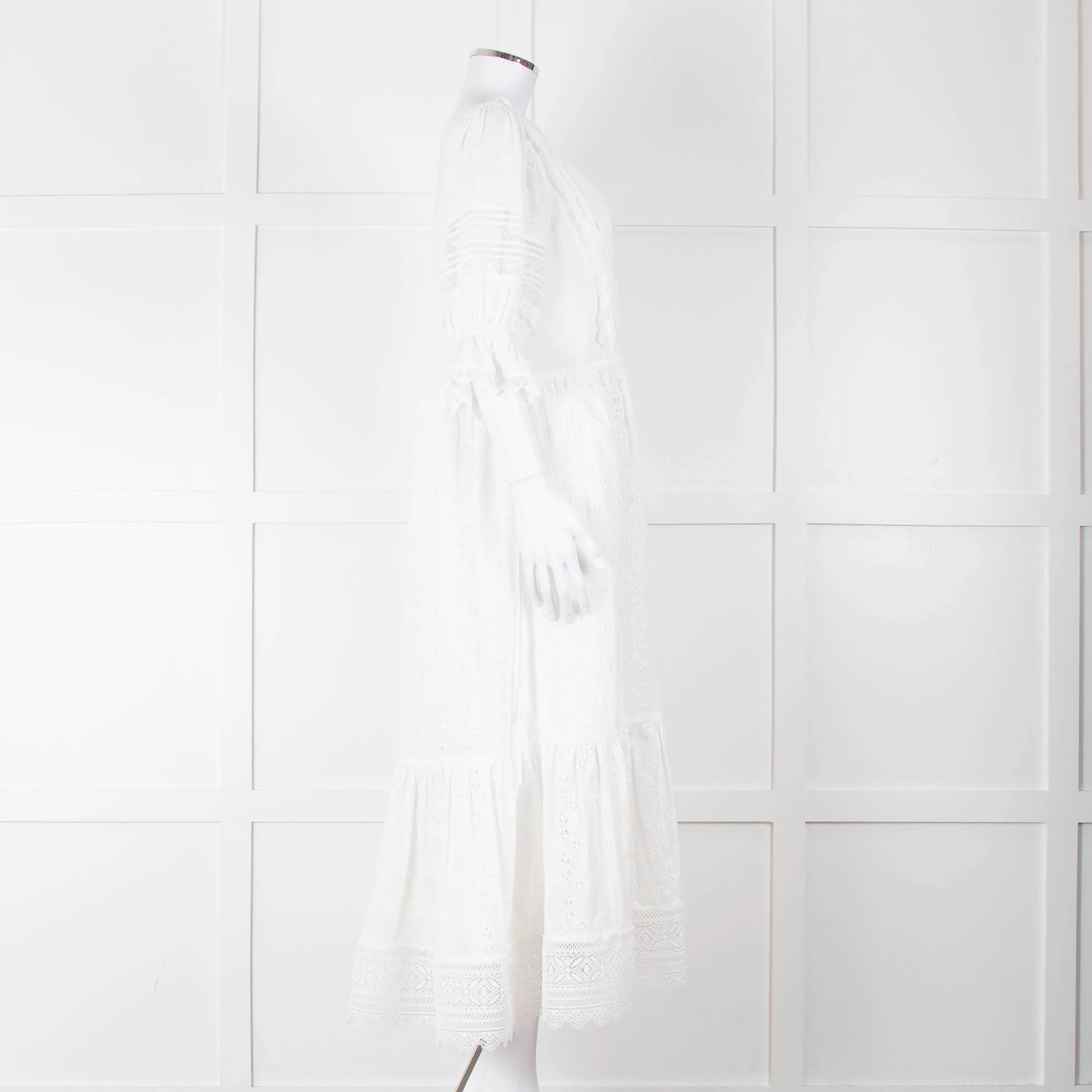 Self-Portrait White Cotton Broderie Anglaise Puff Sleeve Long Dress - Image 3