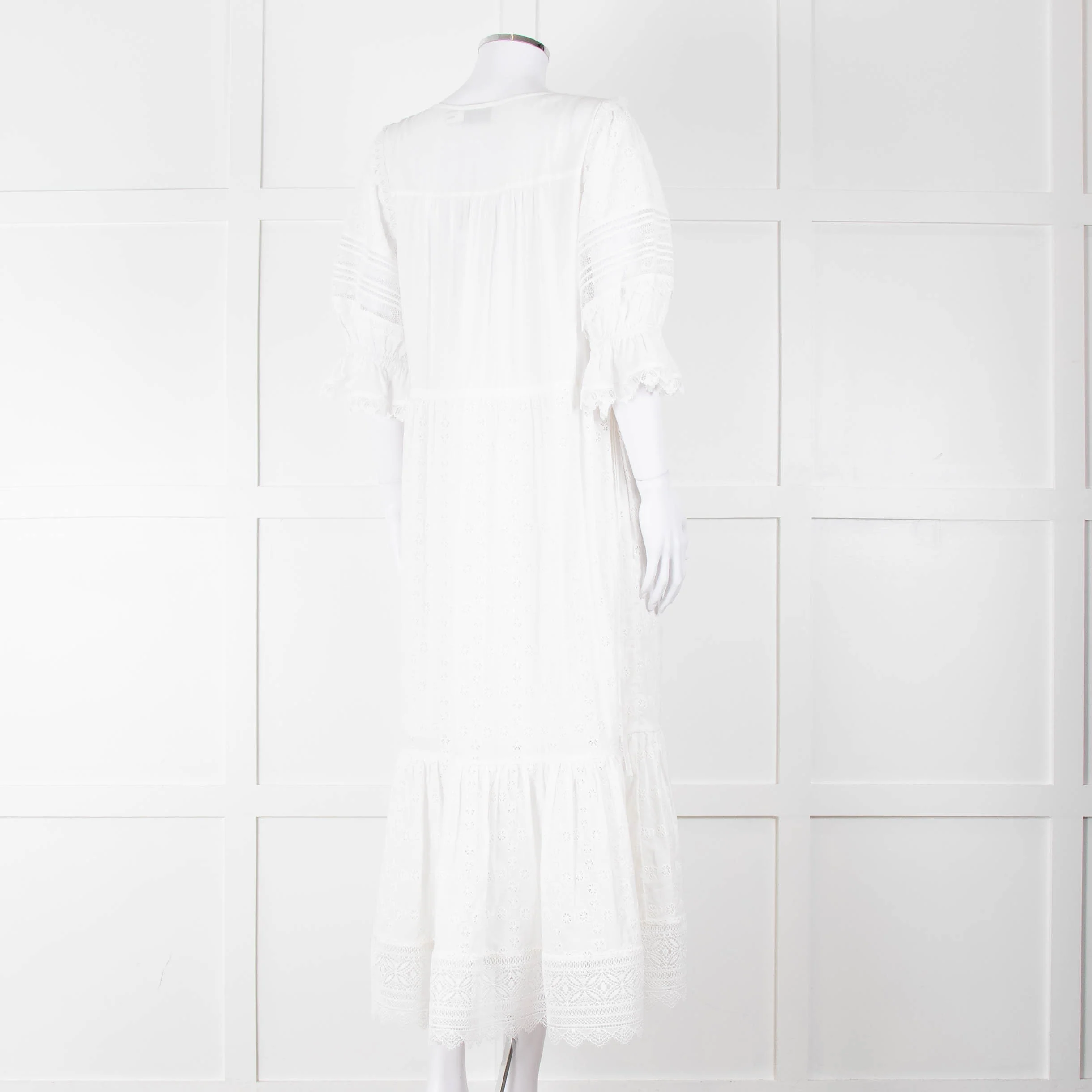 Self-Portrait White Cotton Broderie Anglaise Puff Sleeve Long Dress - Image 4