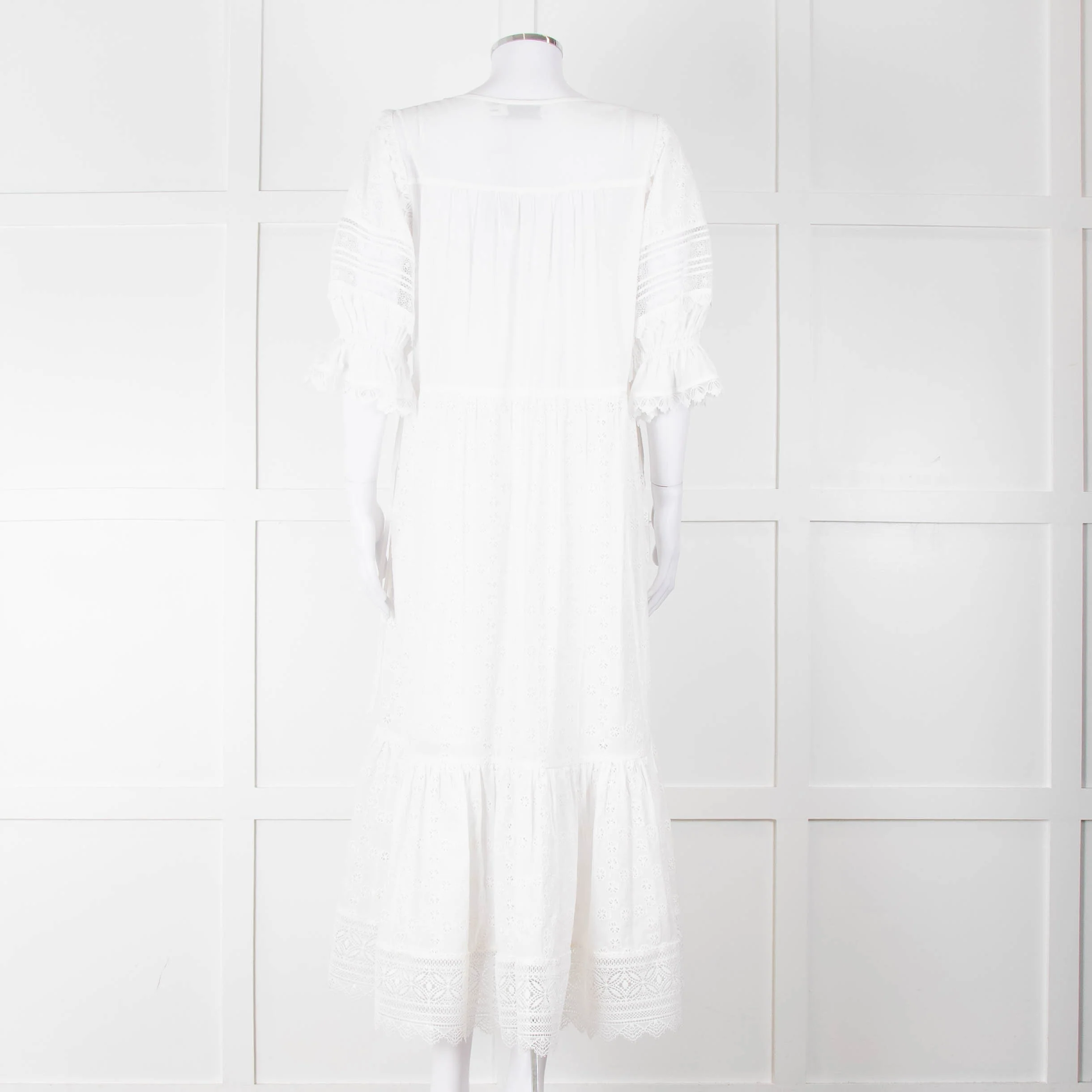 Self-Portrait White Cotton Broderie Anglaise Puff Sleeve Long Dress - Image 5