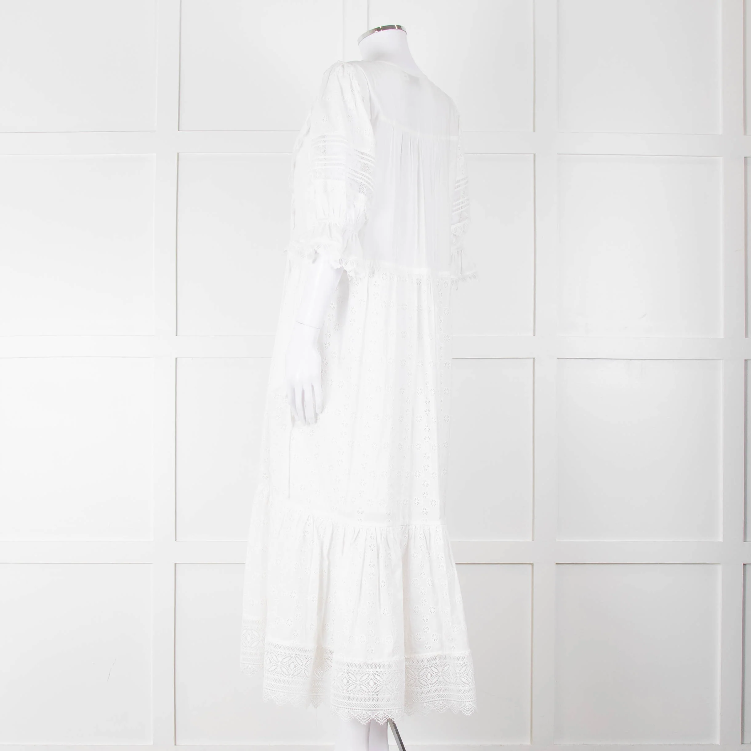 Self-Portrait White Cotton Broderie Anglaise Puff Sleeve Long Dress - Image 6