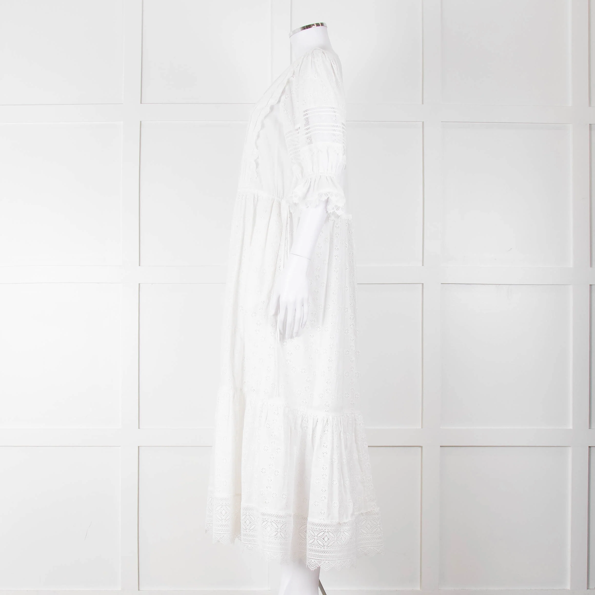 Self-Portrait White Cotton Broderie Anglaise Puff Sleeve Long Dress - Image 7