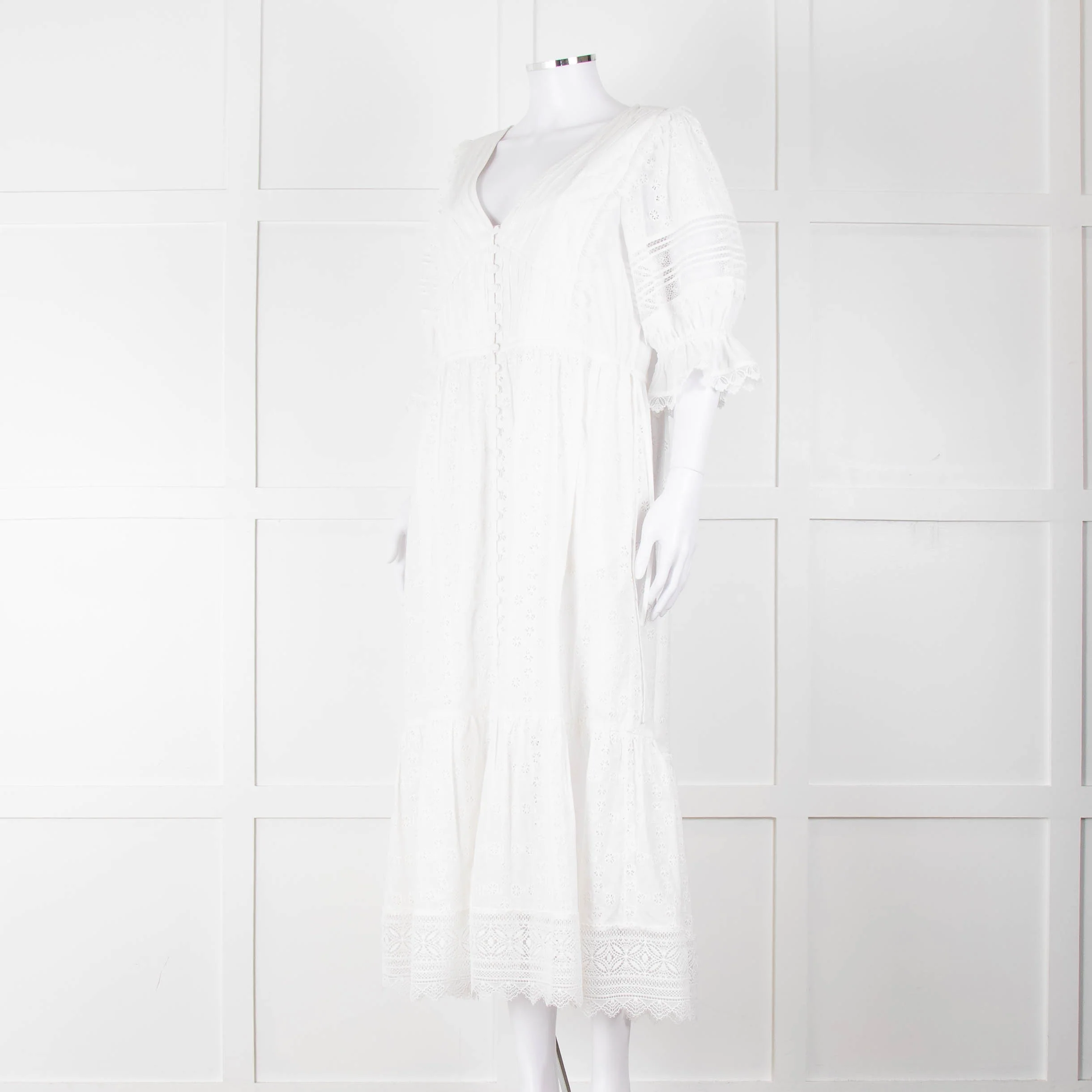 Self-Portrait White Cotton Broderie Anglaise Puff Sleeve Long Dress - Image 8