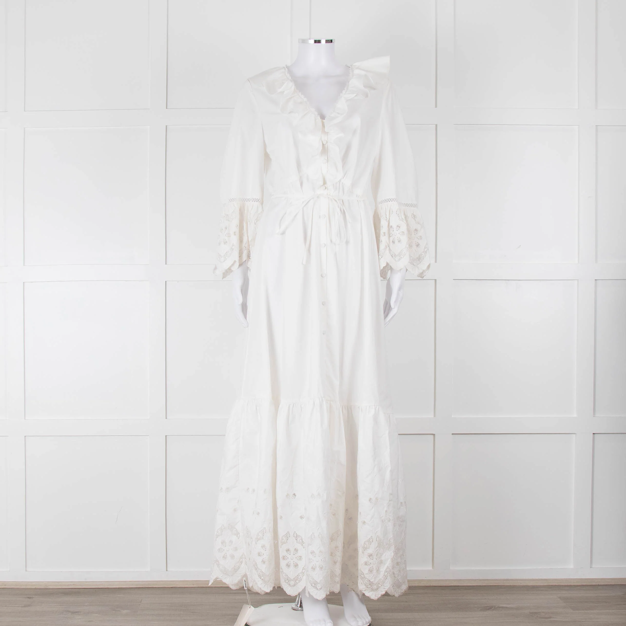 Self-Portrait White Cotton Embroidered Trim Peplum Maxi Dress