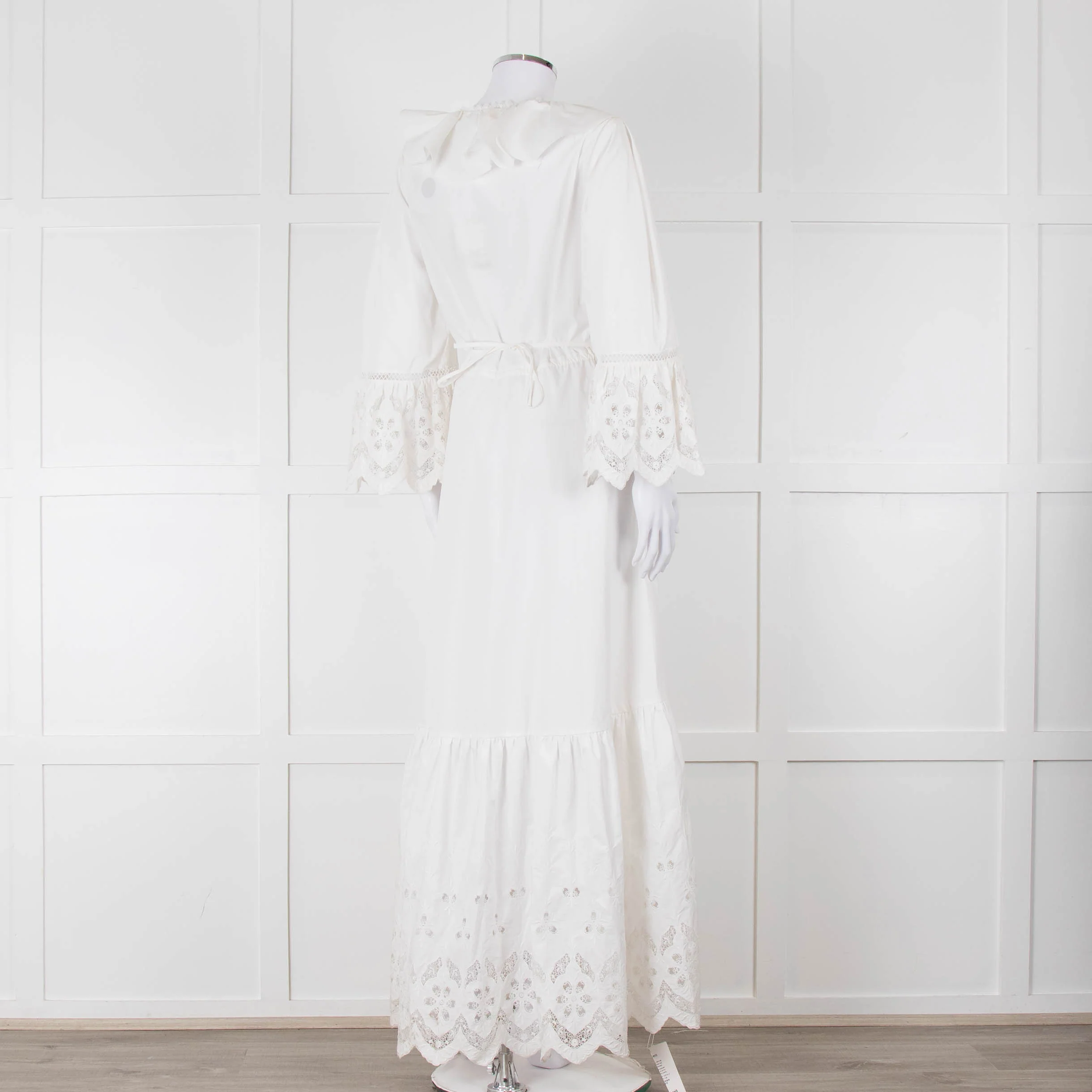 Self-Portrait White Cotton Embroidered Trim Peplum Maxi Dress - Image 4