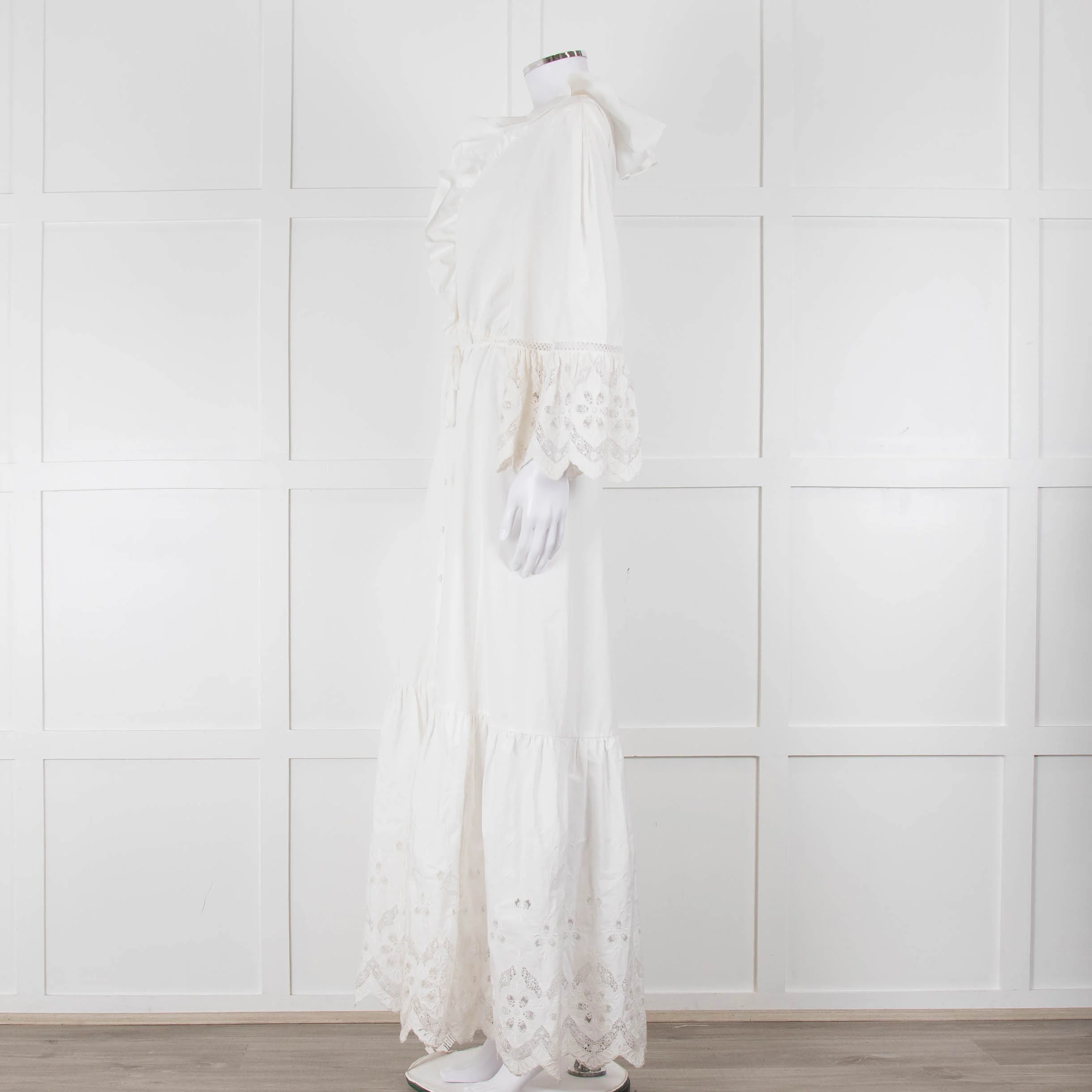 Self-Portrait White Cotton Embroidered Trim Peplum Maxi Dress - Image 7