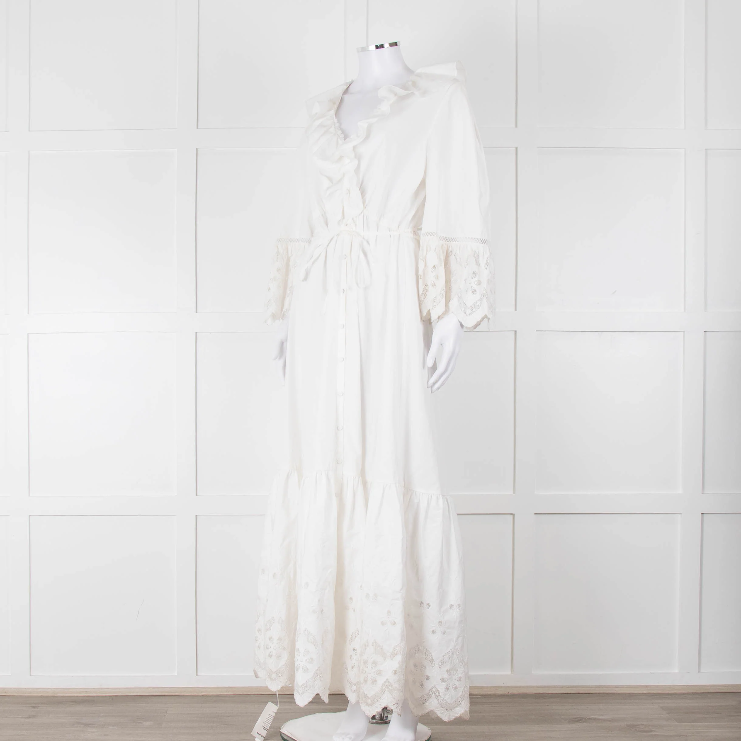 Self-Portrait White Cotton Embroidered Trim Peplum Maxi Dress - Image 8