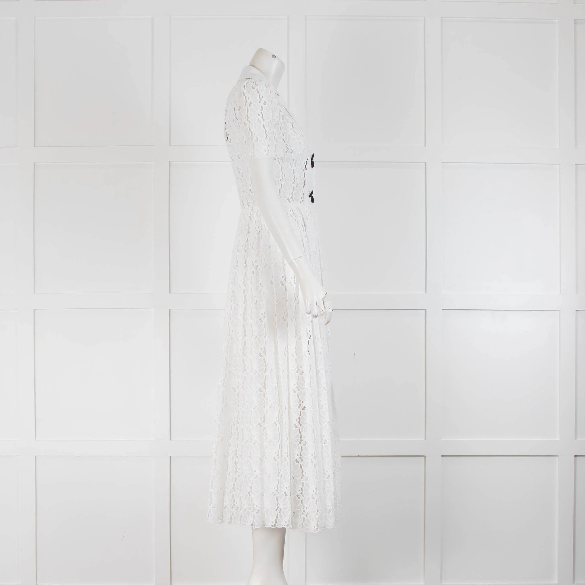 Self Portrait White Embroidered Black Button Pleated Short Sleeve Dress - Image 2