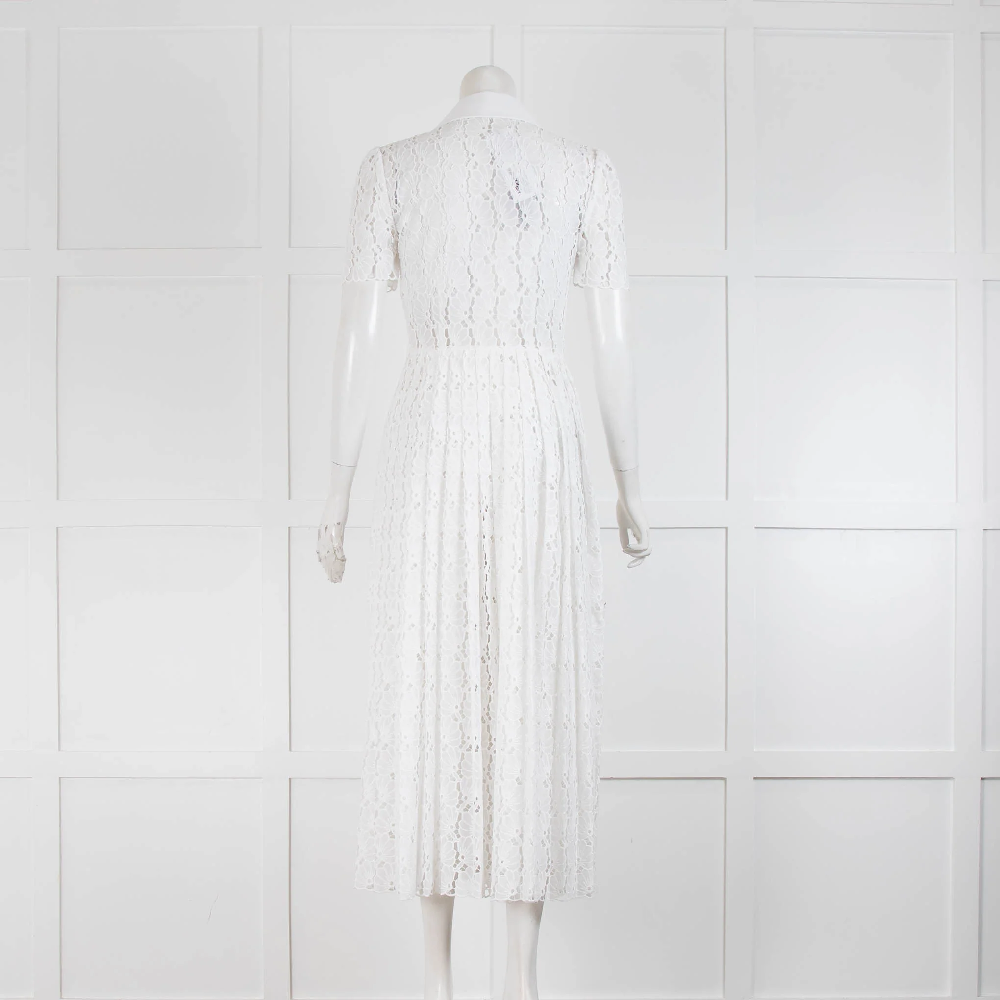 Self Portrait White Embroidered Black Button Pleated Short Sleeve Dress - Image 3