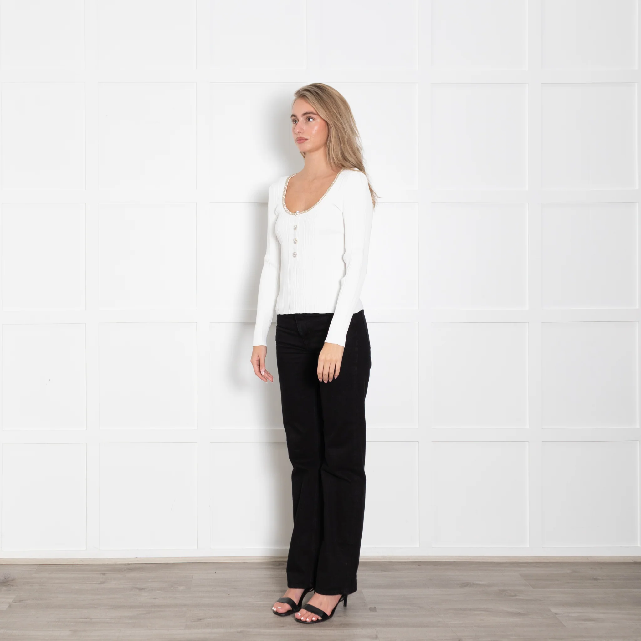 Self Portrait White Knit Top with Diamante Trim - Image 3