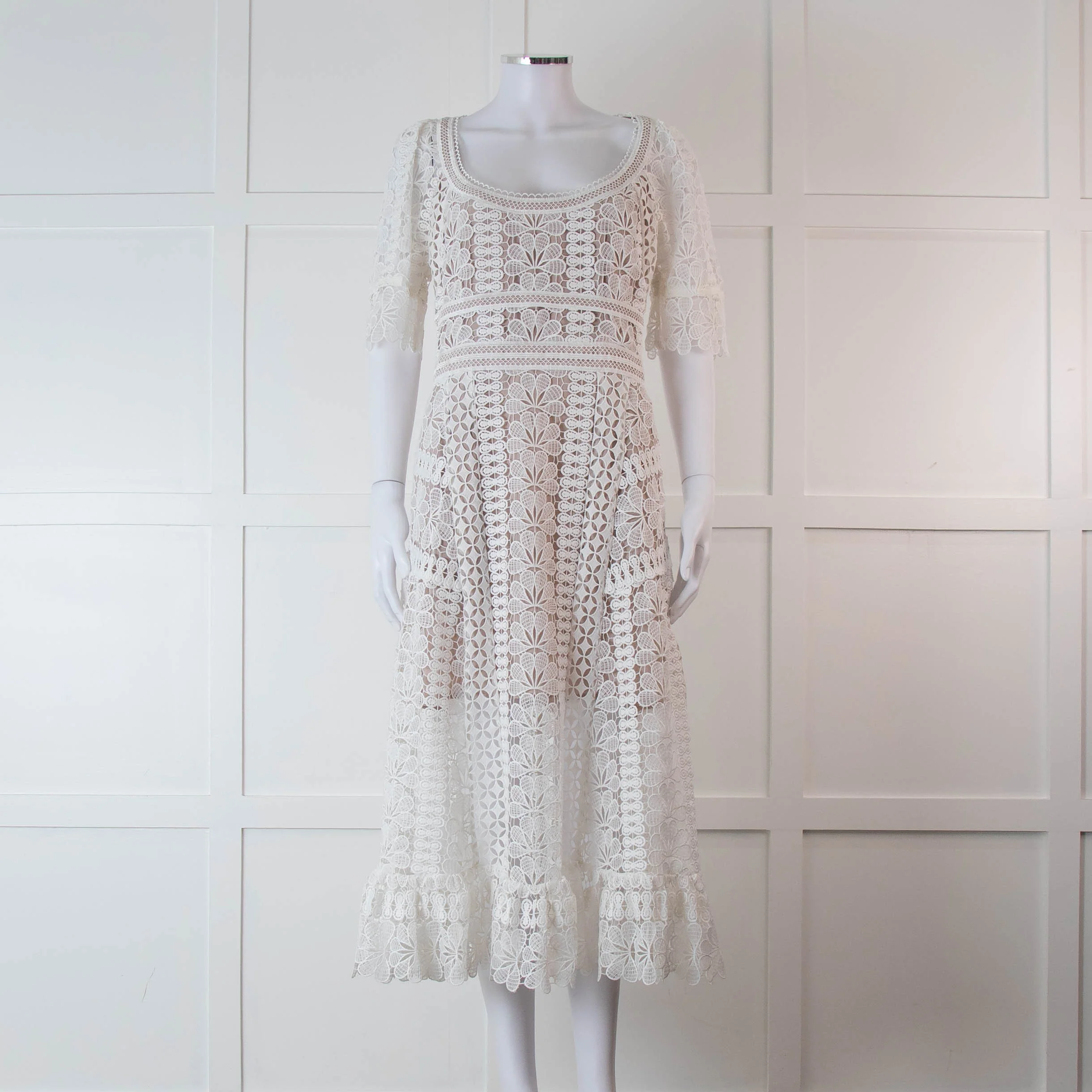 Self-Portrait White Lace Short Sleeve Midi Dress