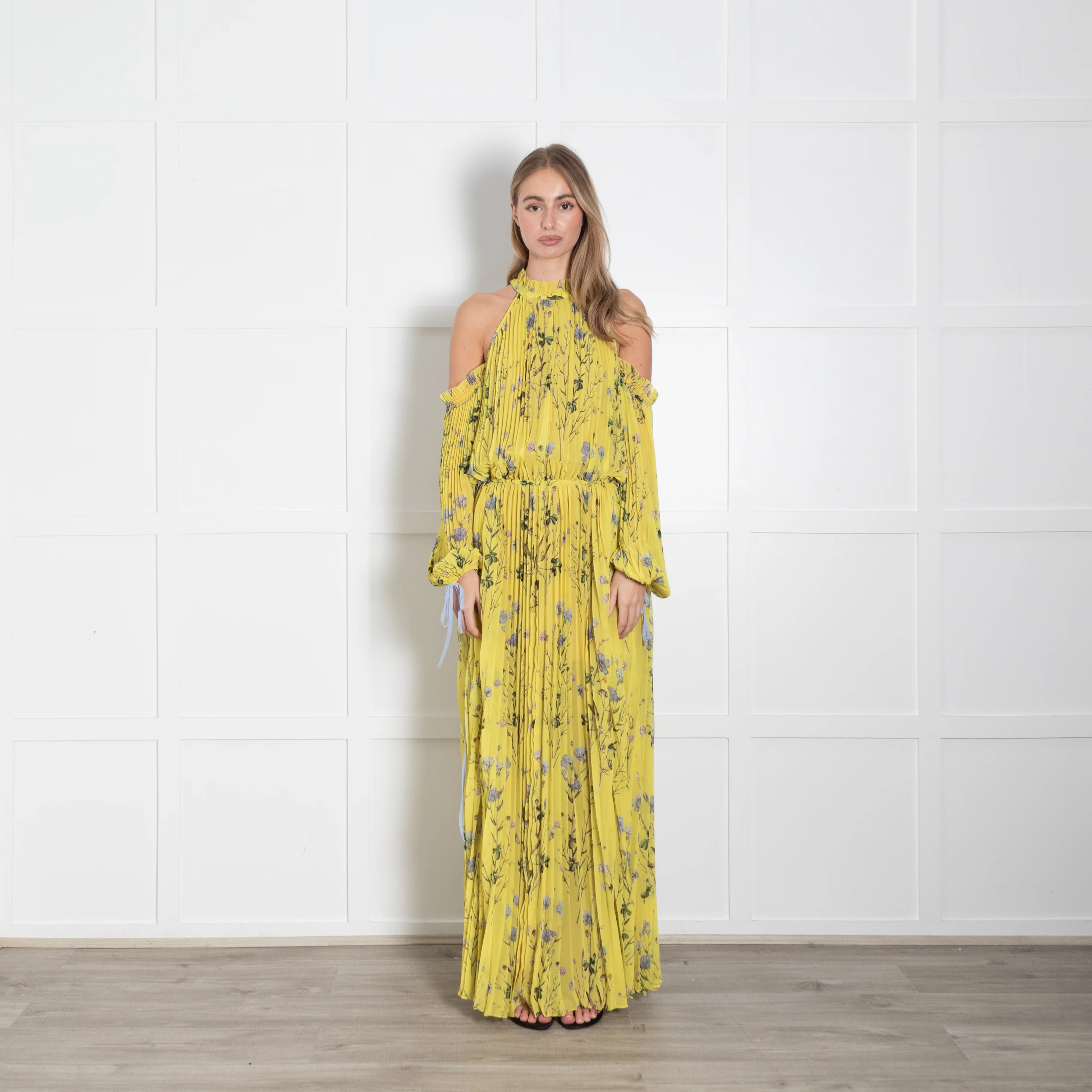Self Portrait Yellow Floral Pleated Cut Out Shoulder Maxi Dress