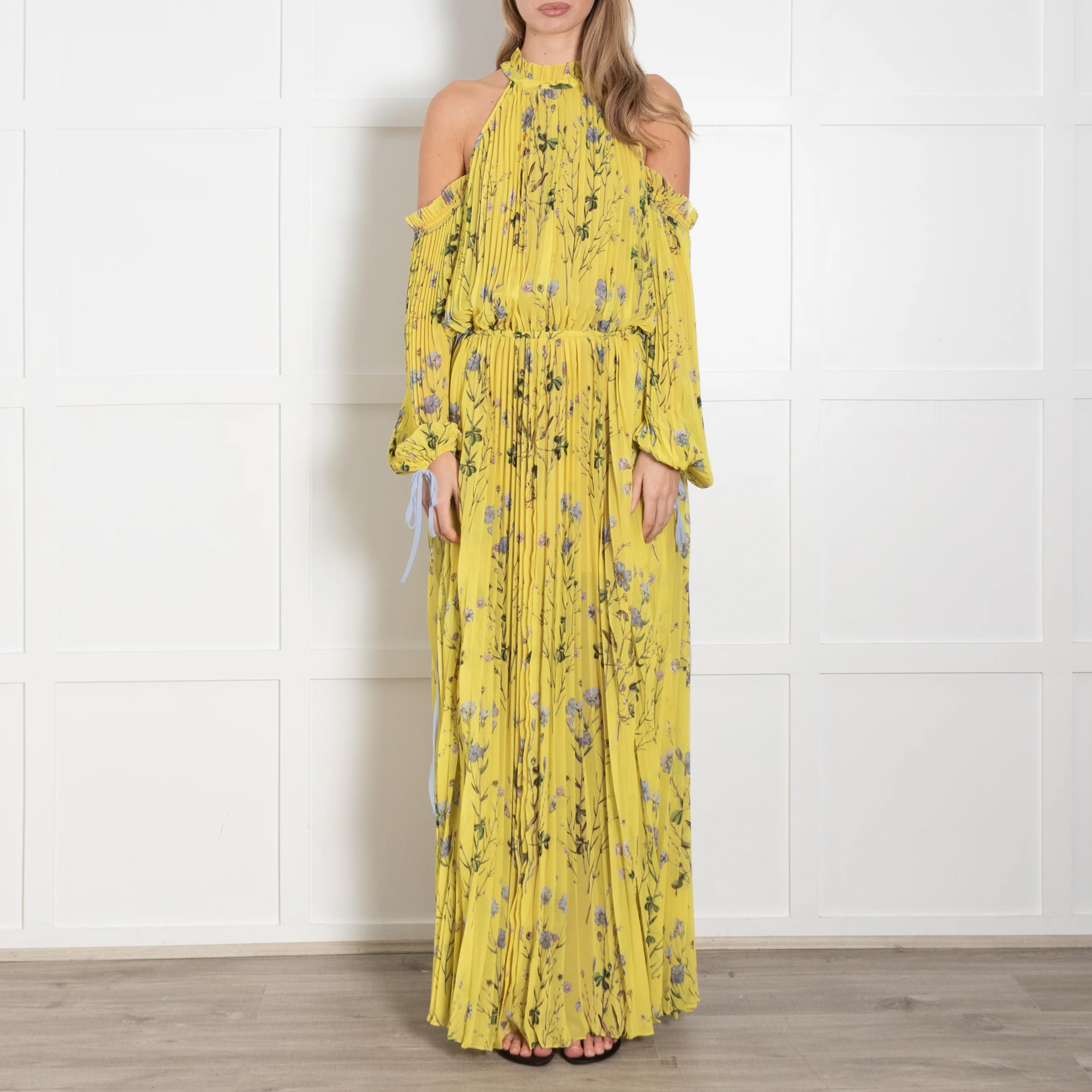 Self Portrait Yellow Floral Pleated Cut Out Shoulder Maxi Dress - Image 2