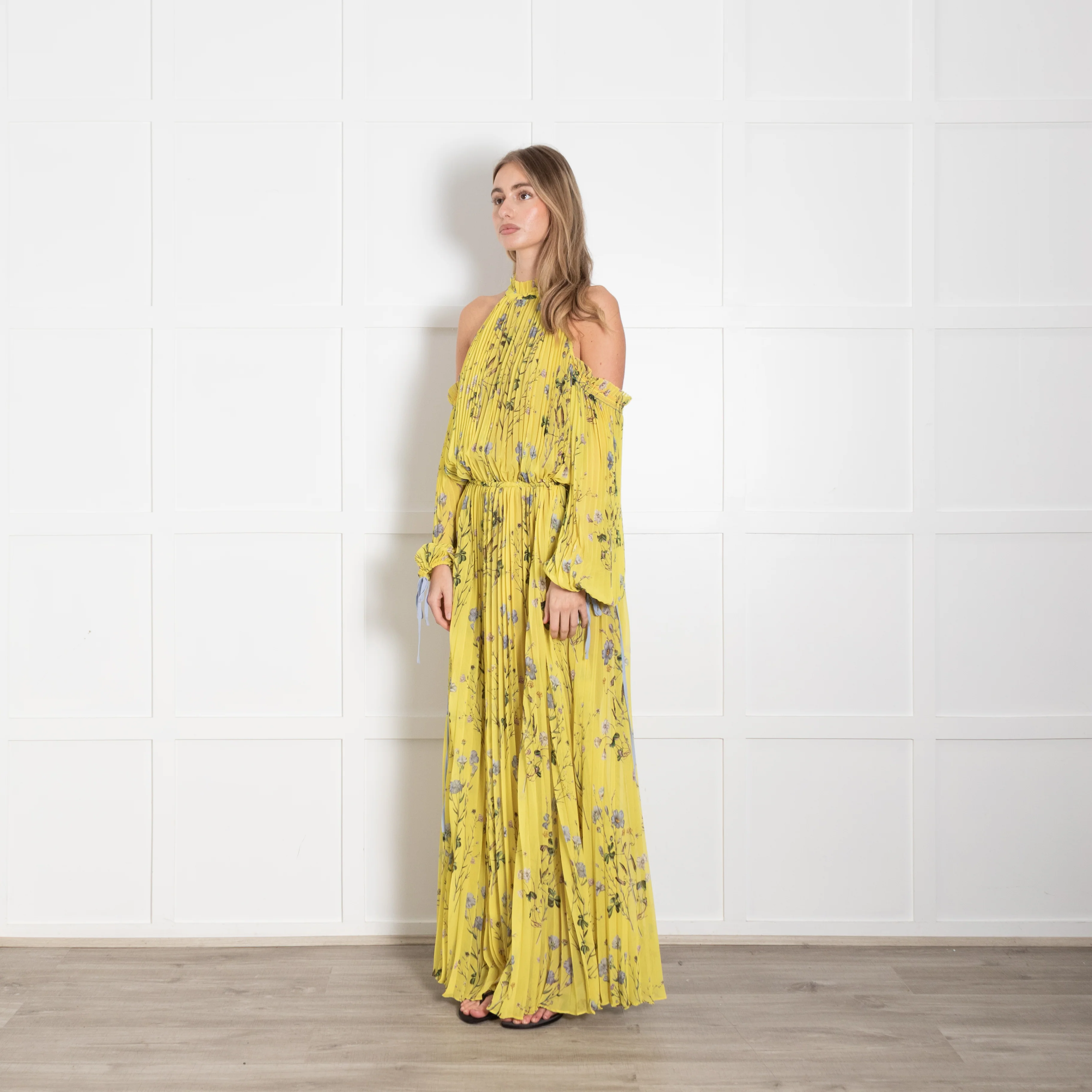 Self Portrait Yellow Floral Pleated Cut Out Shoulder Maxi Dress - Image 3