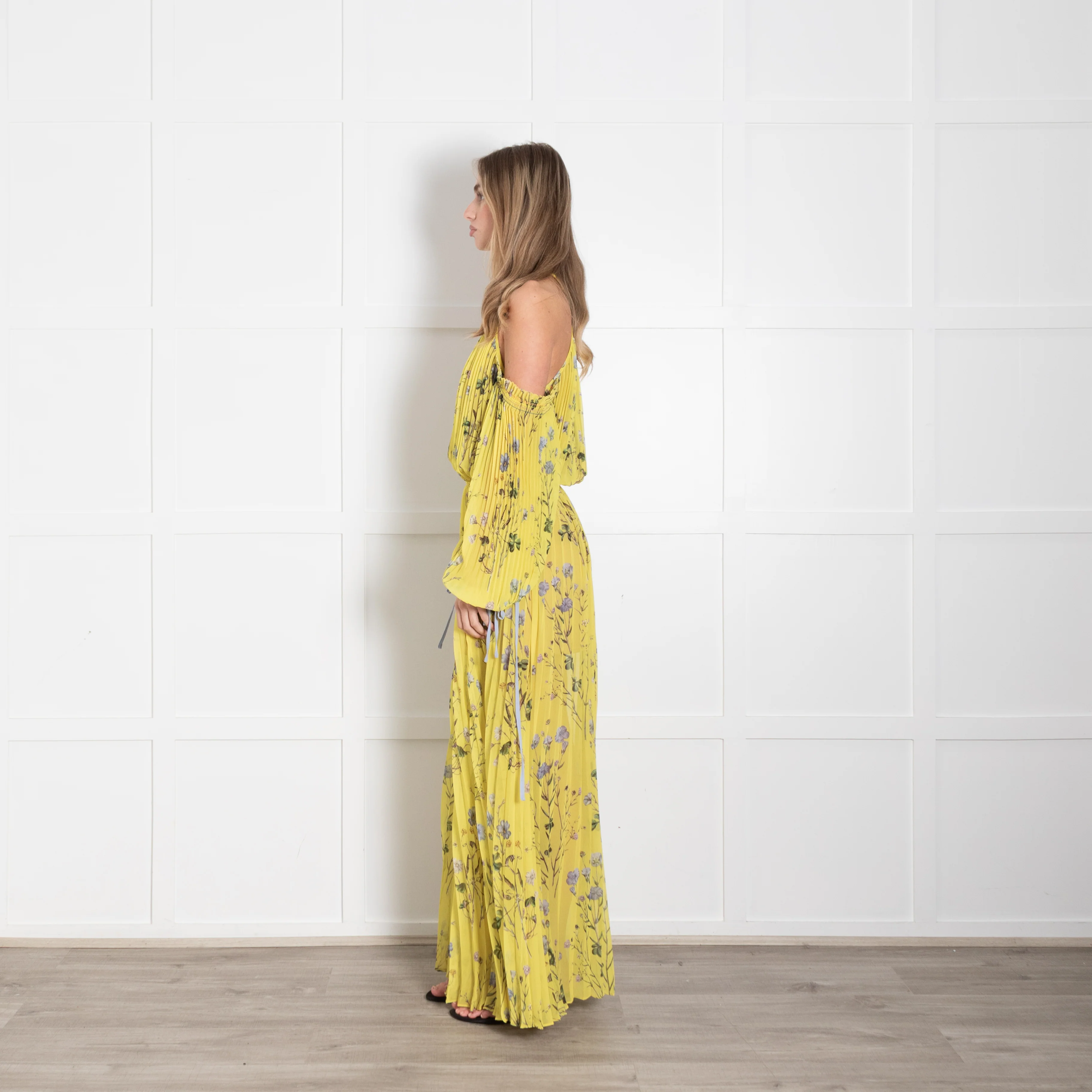 Self Portrait Yellow Floral Pleated Cut Out Shoulder Maxi Dress - Image 4