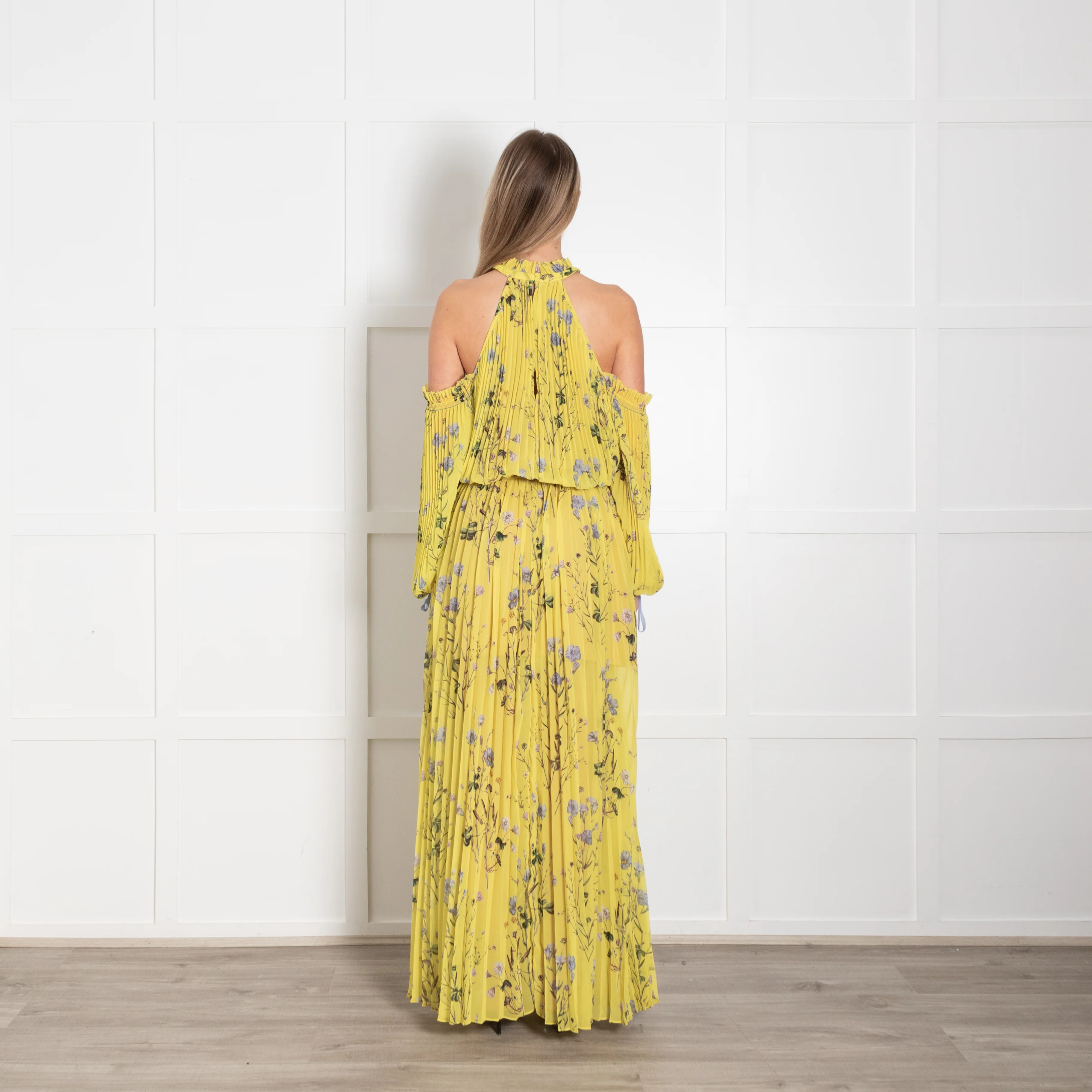 Self Portrait Yellow Floral Pleated Cut Out Shoulder Maxi Dress - Image 5