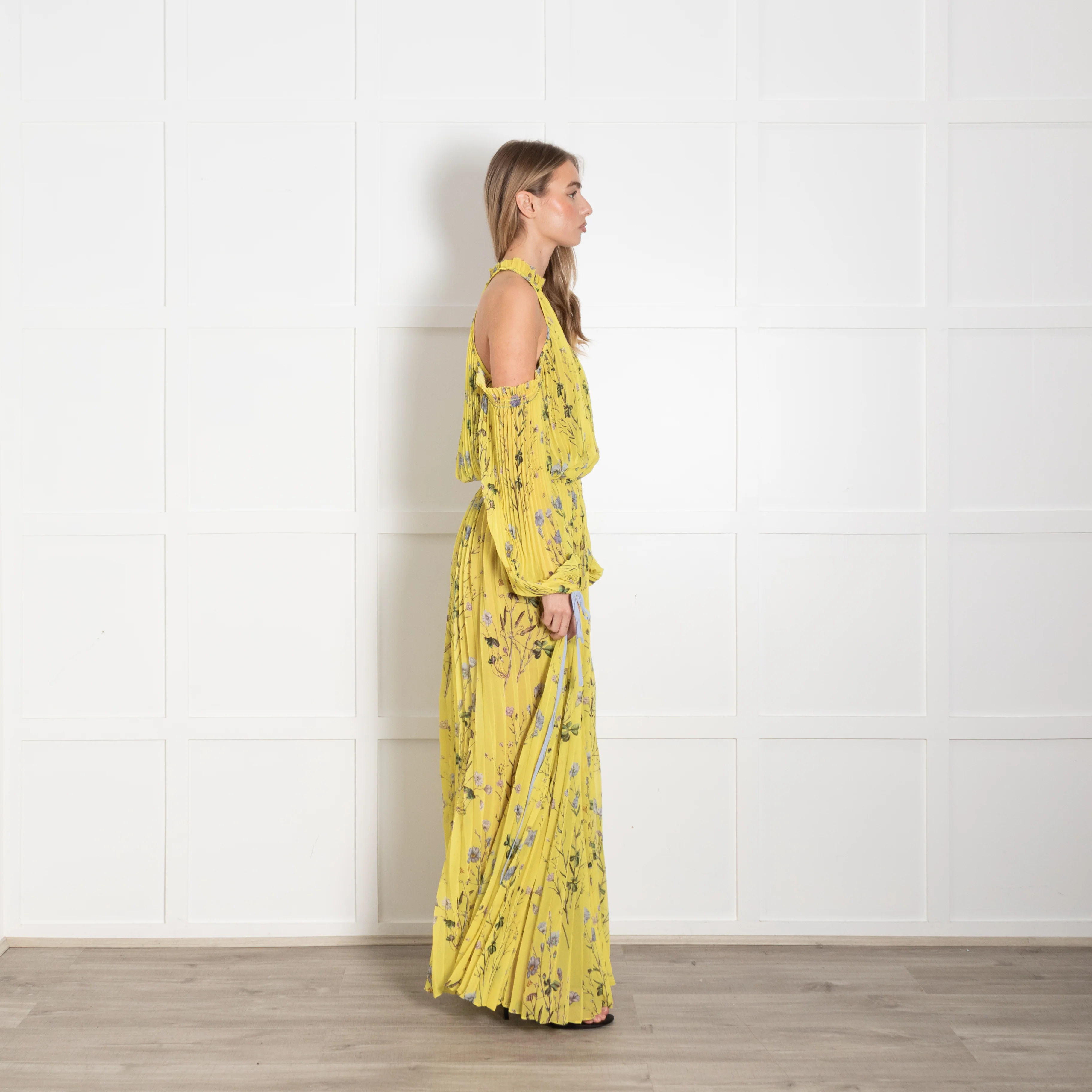 Self Portrait Yellow Floral Pleated Cut Out Shoulder Maxi Dress - Image 6