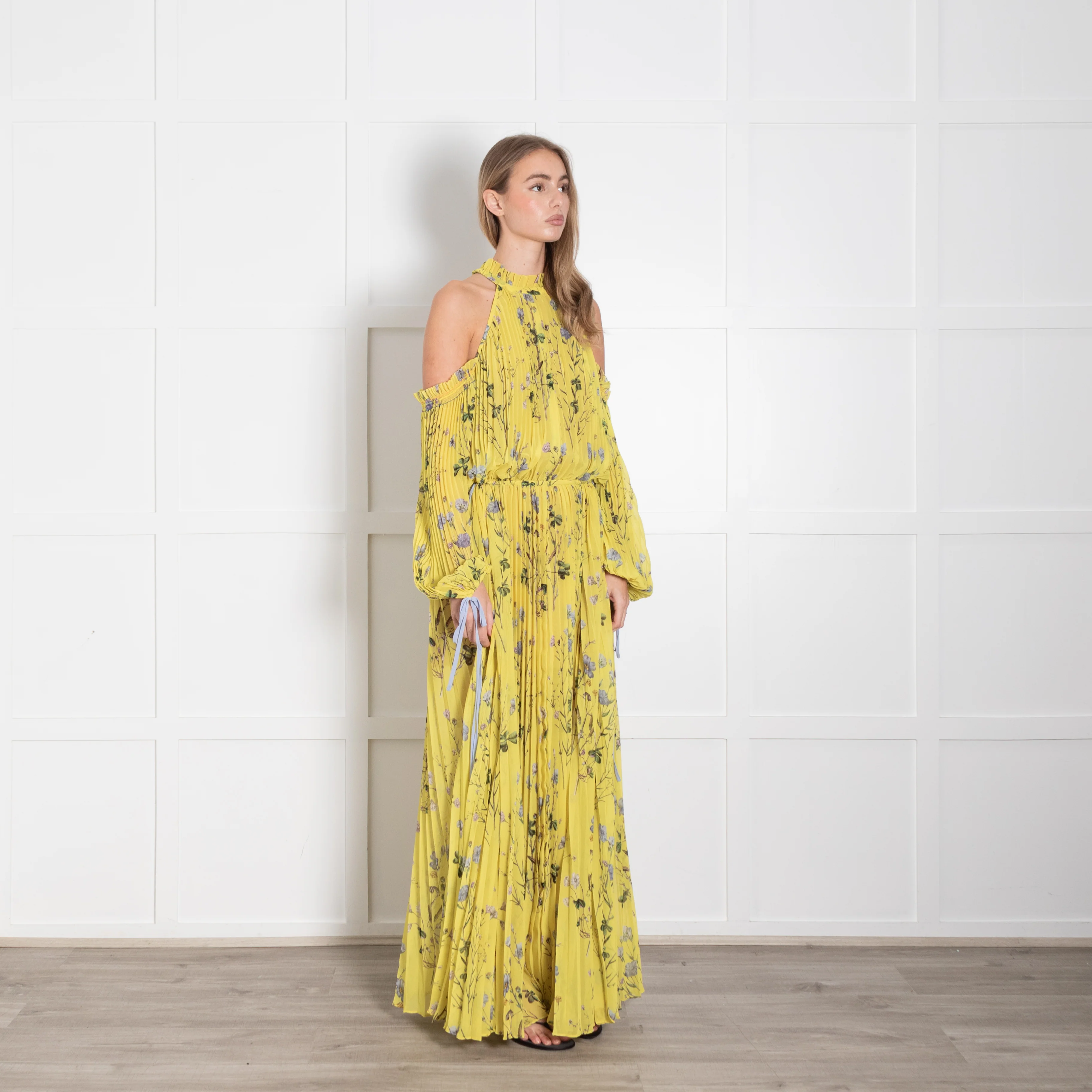Self Portrait Yellow Floral Pleated Cut Out Shoulder Maxi Dress - Image 7