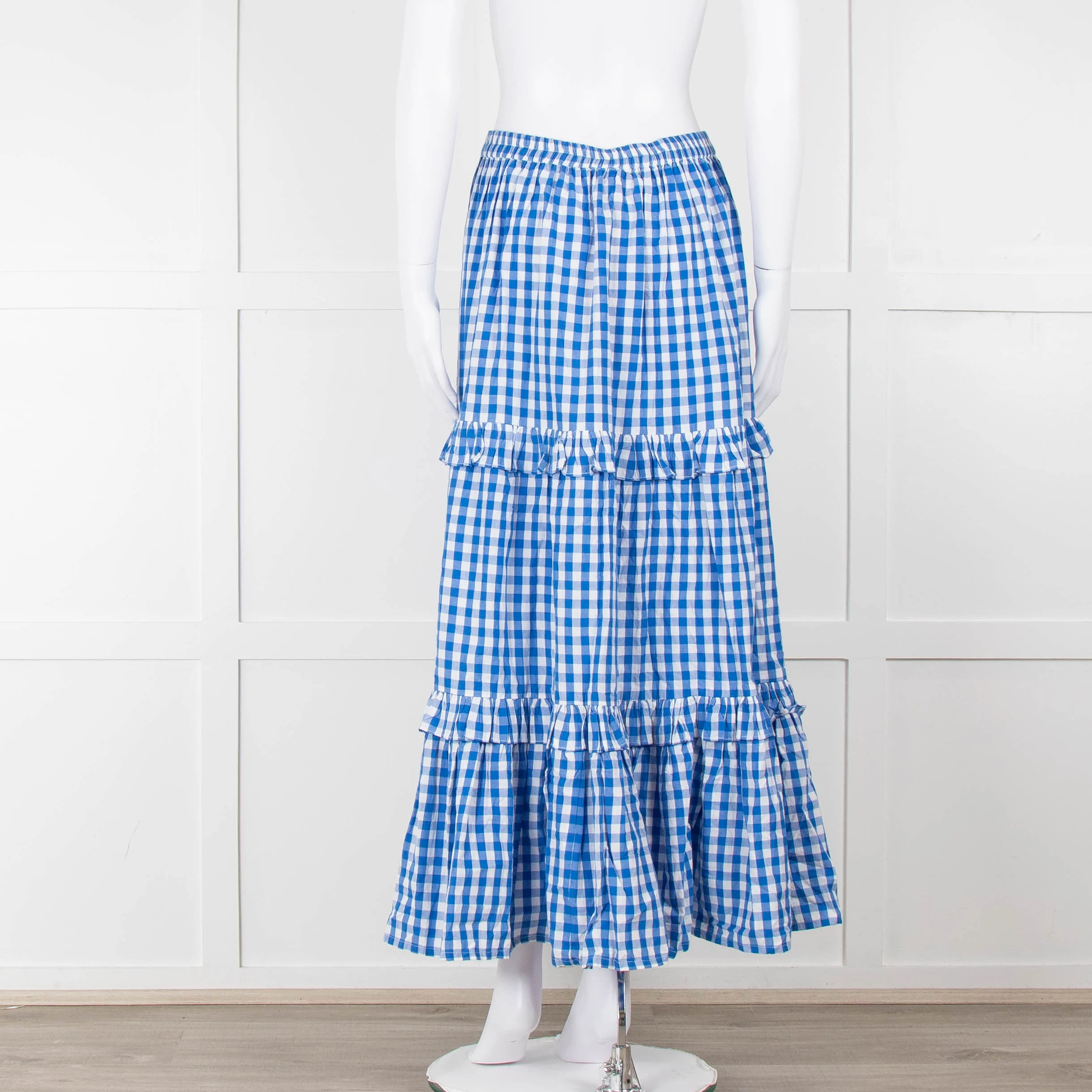 Seraphina Blue White Gingham Check Tiered Maxi Skirt - Image 5