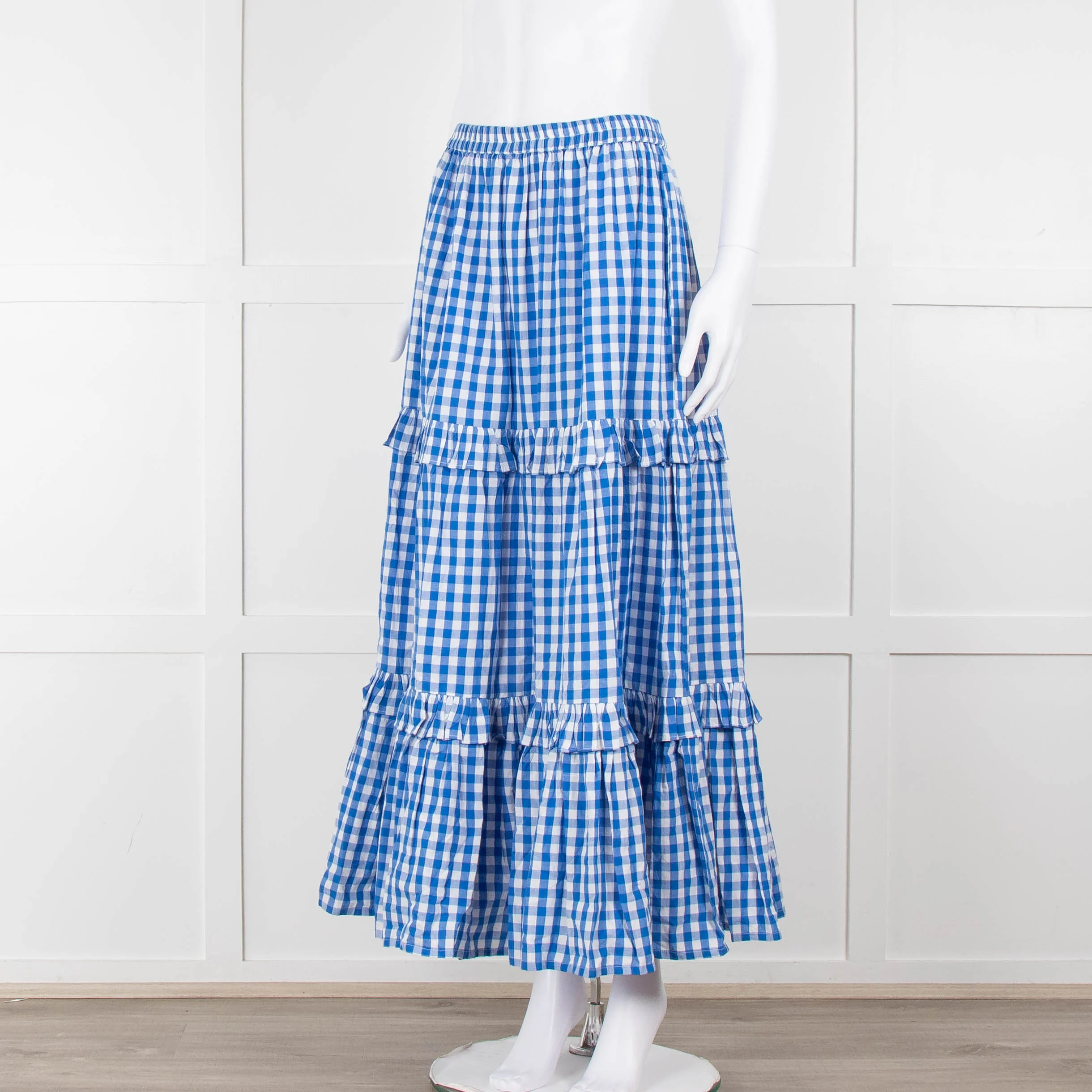 Seraphina Blue White Gingham Check Tiered Maxi Skirt - Image 8