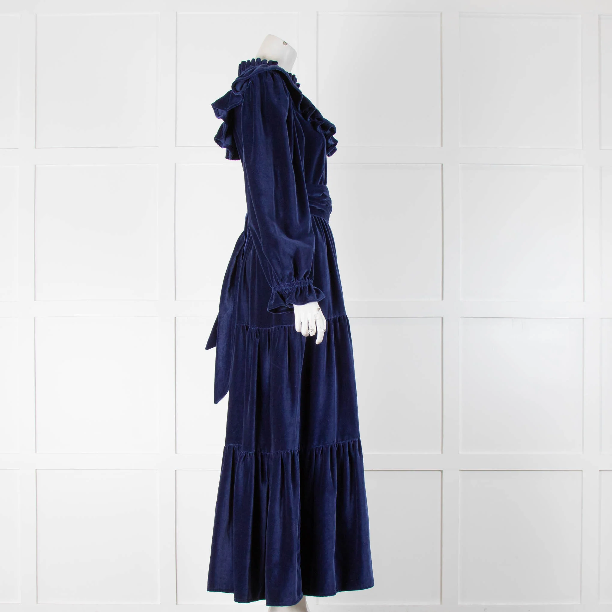 Seraphina Navy Blue Velvet Maxi Frill Dress - Image 2