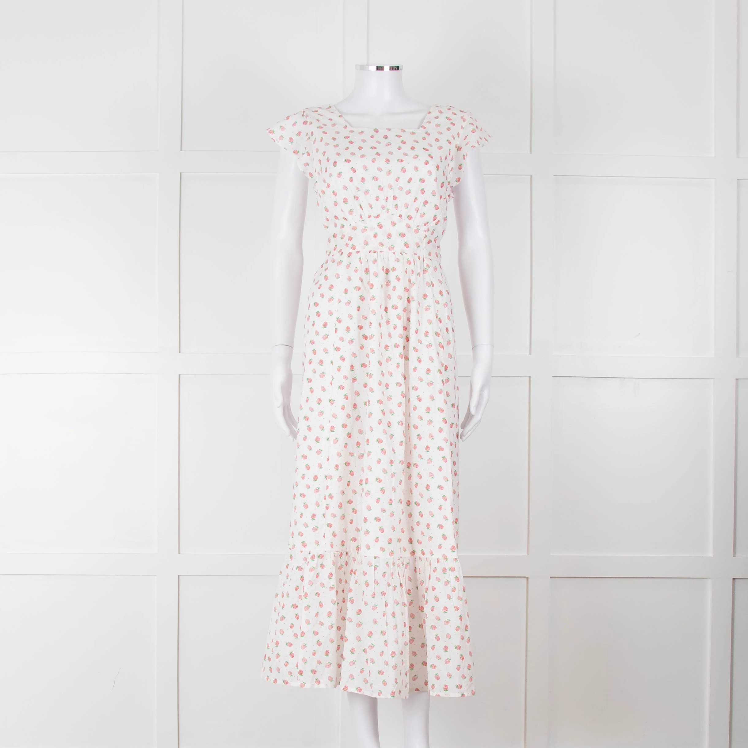 Seraphina White Red Strawberry Print Cap Sleeve Midi Cotton Dress