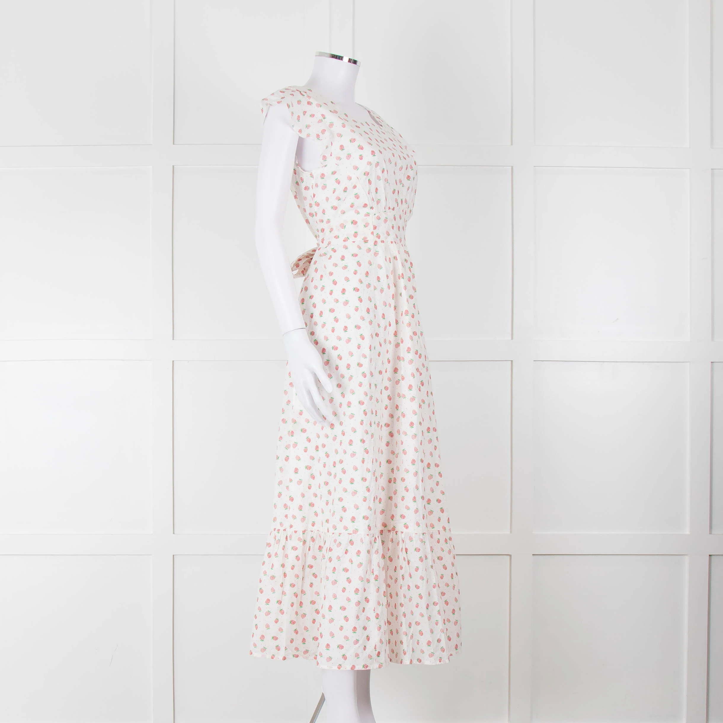 Seraphina White Red Strawberry Print Cap Sleeve Midi Cotton Dress - Image 2