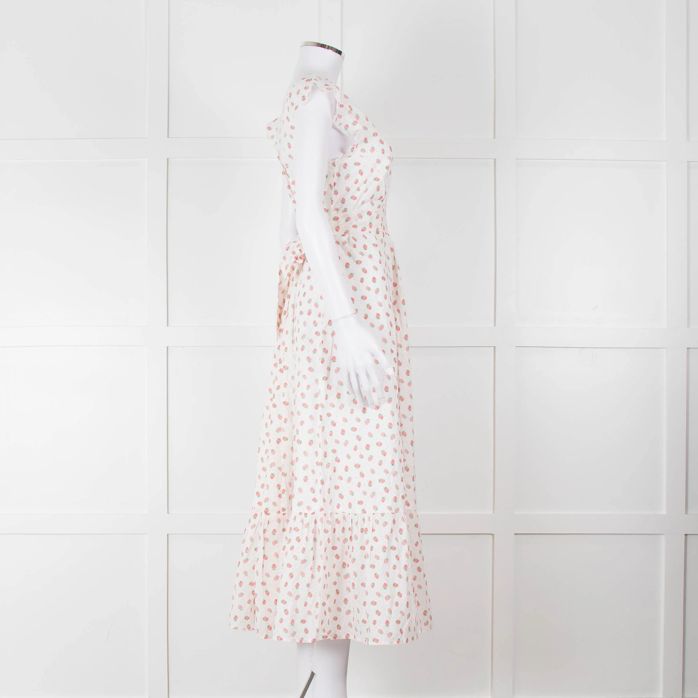 Seraphina White Red Strawberry Print Cap Sleeve Midi Cotton Dress - Image 3