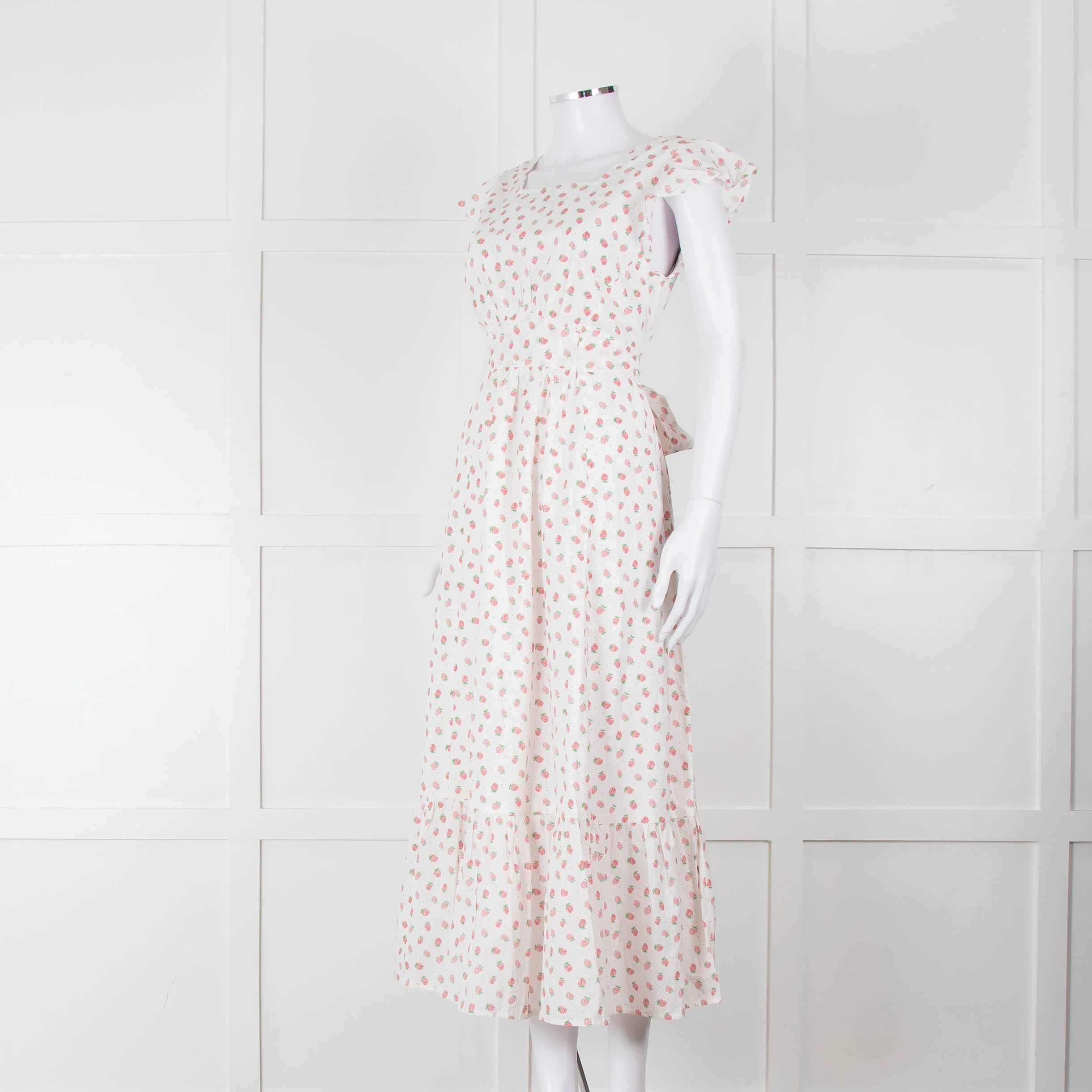 Seraphina White Red Strawberry Print Cap Sleeve Midi Cotton Dress - Image 8