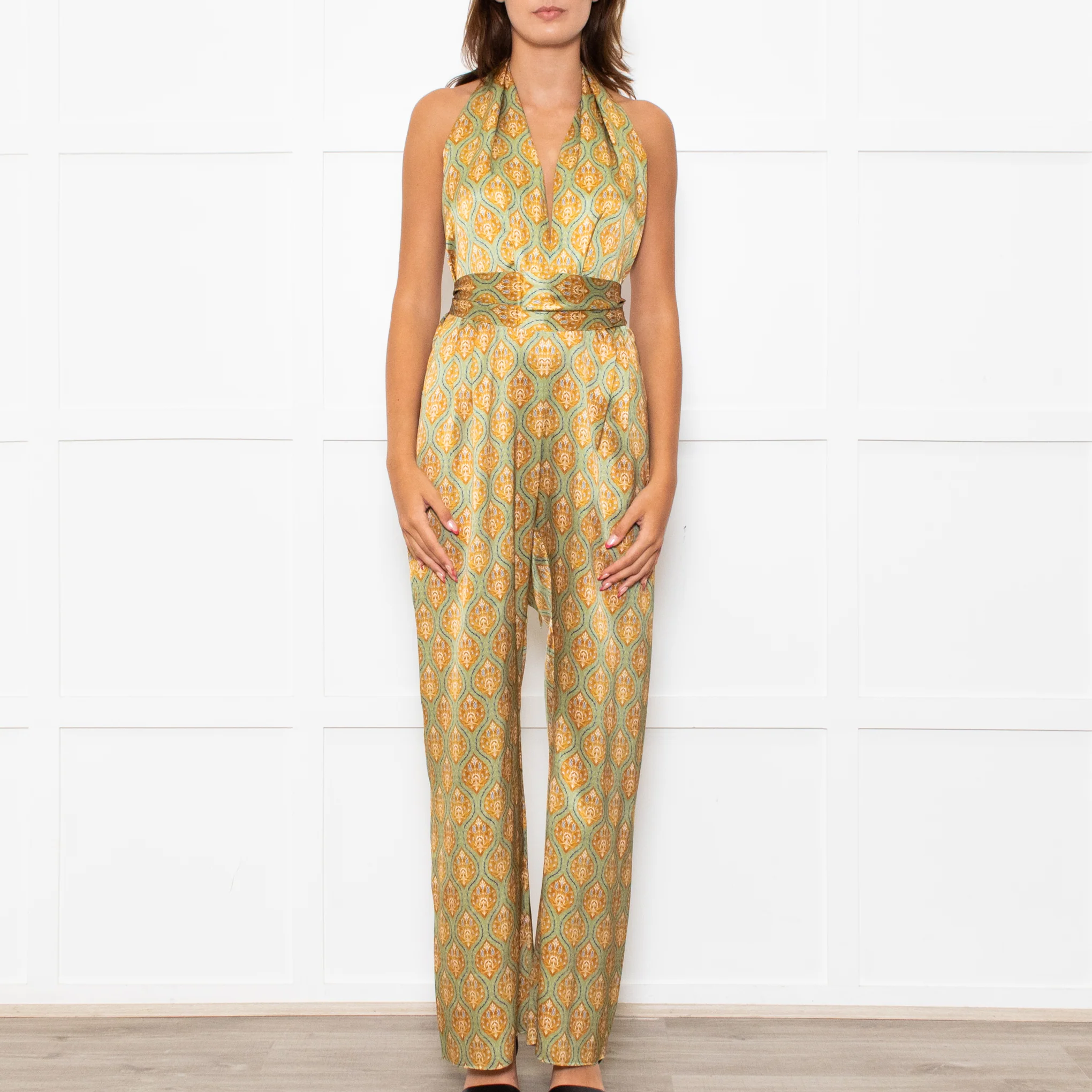 Seren Khaki Gold Silk Belted Sleeveless Jumpsuit - Image 2